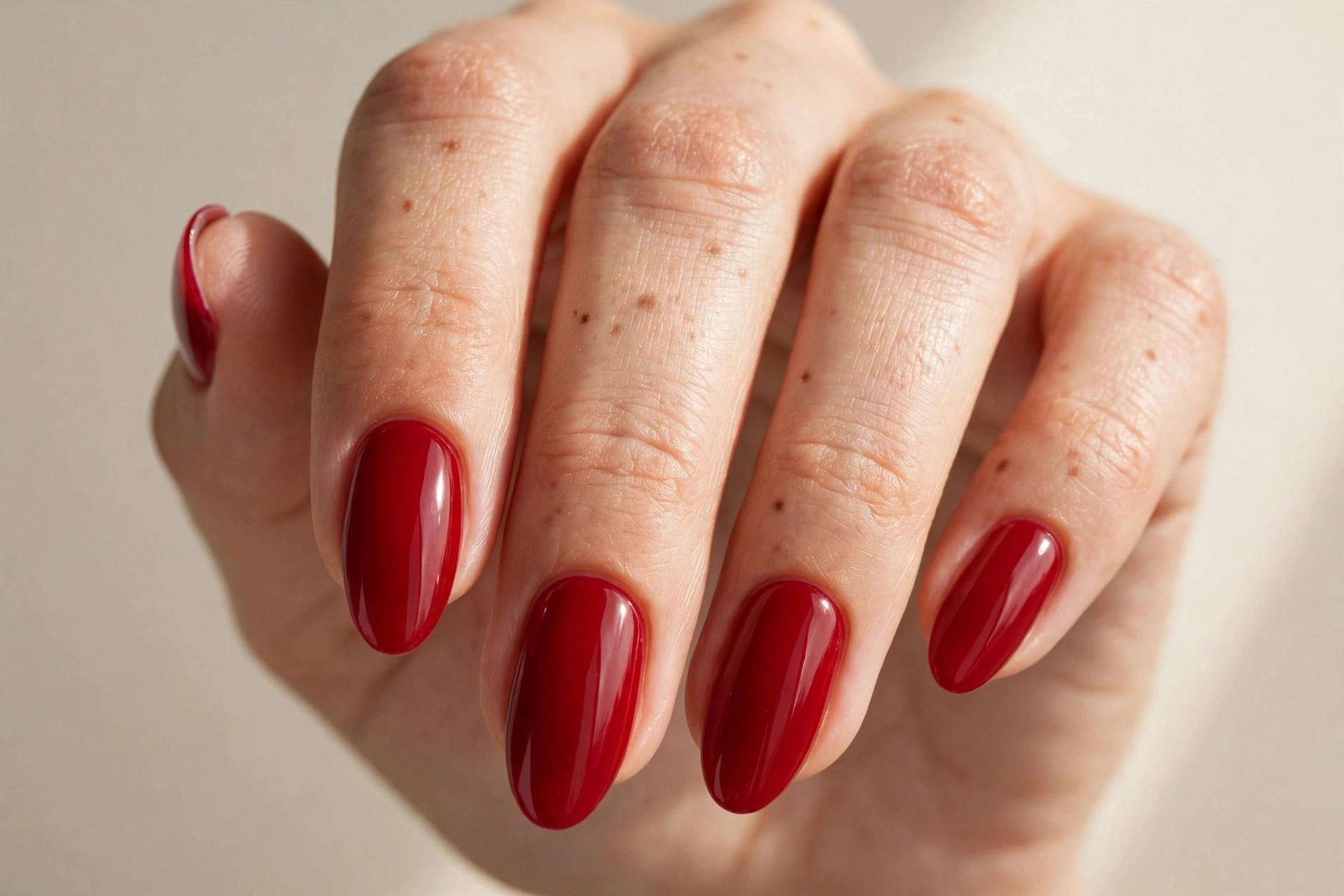 Close-up of glossy classic cherry red manicure on almond nails