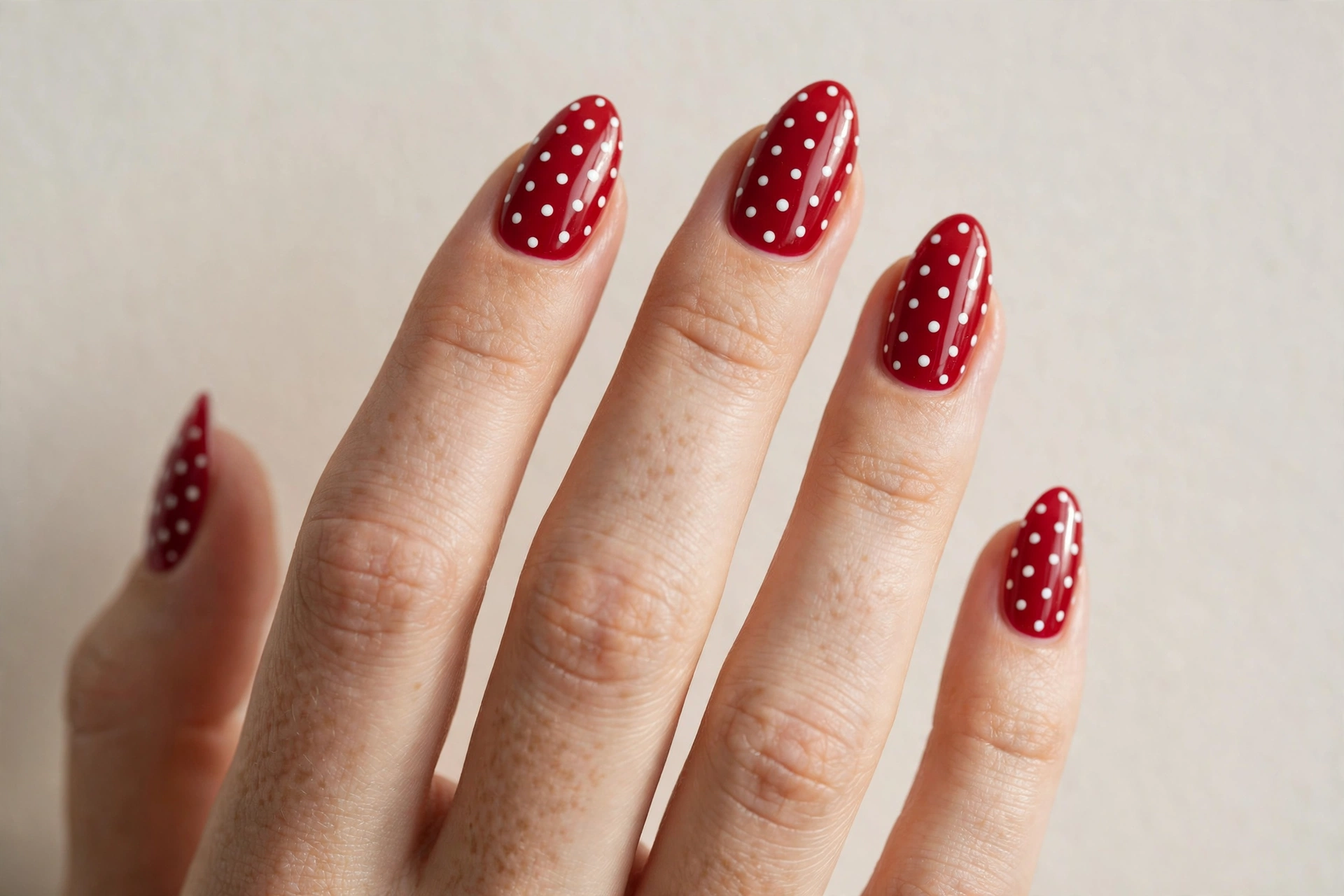 Cherry red nails with white polka dot accents