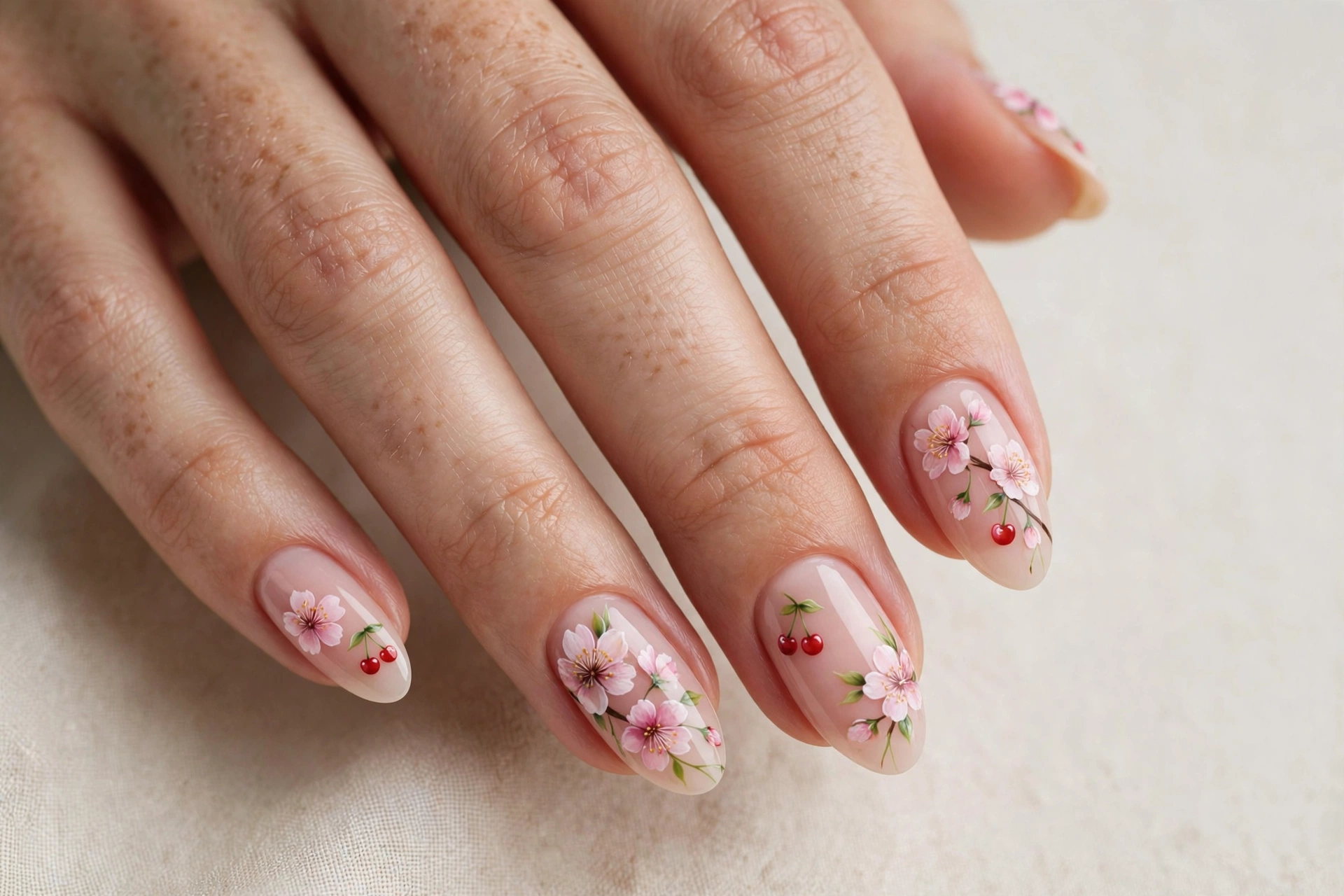 Hand-painted cherry blossom and tiny cherry nail art