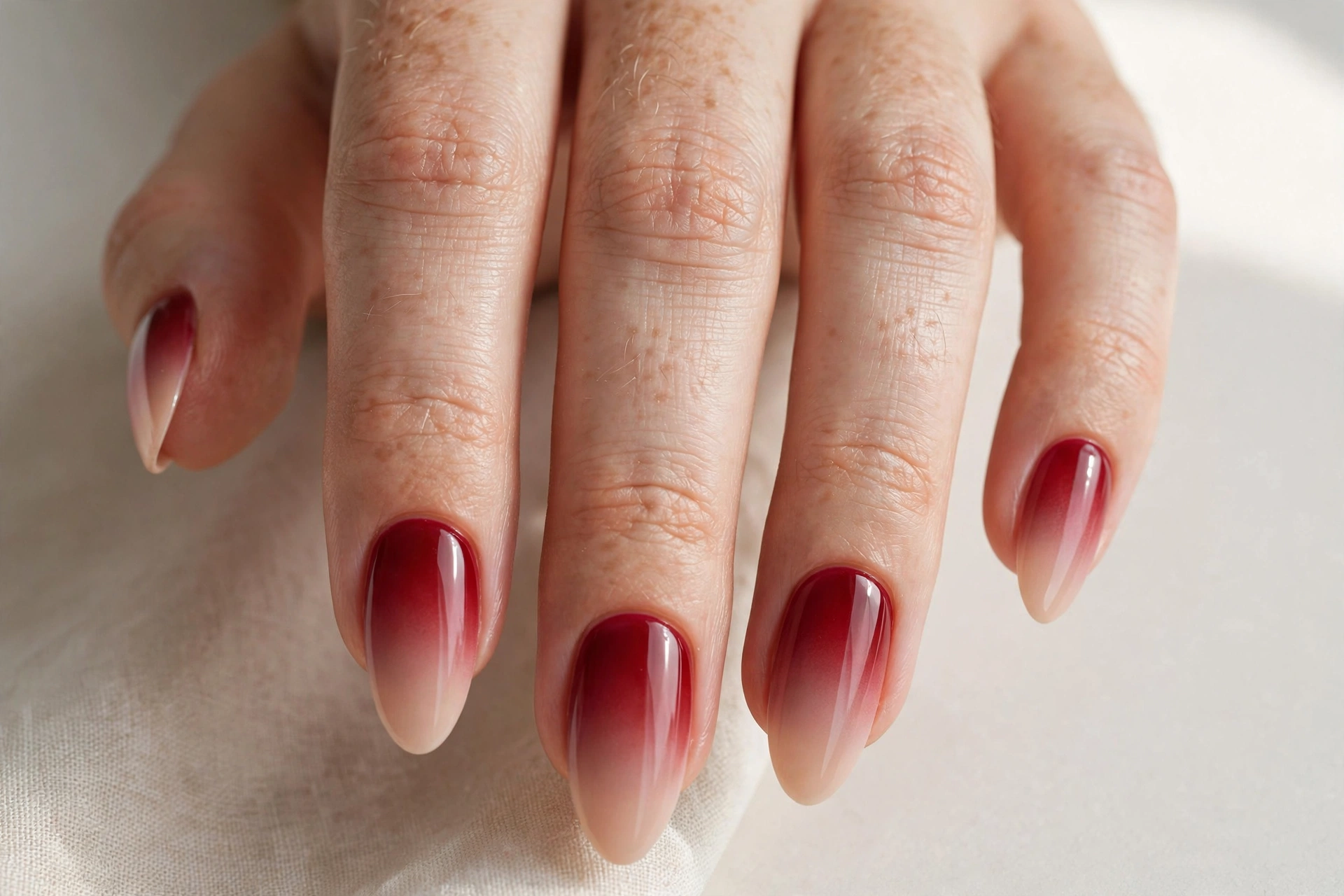 Cherry red to nude ombre gradient manicure