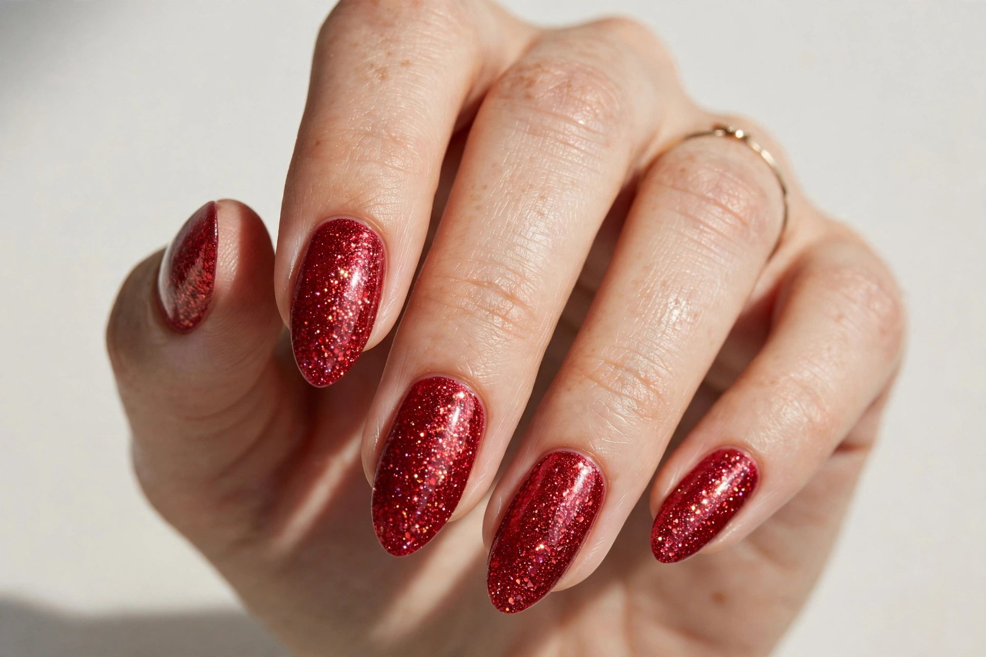 Sparkling cherry red glitter manicure