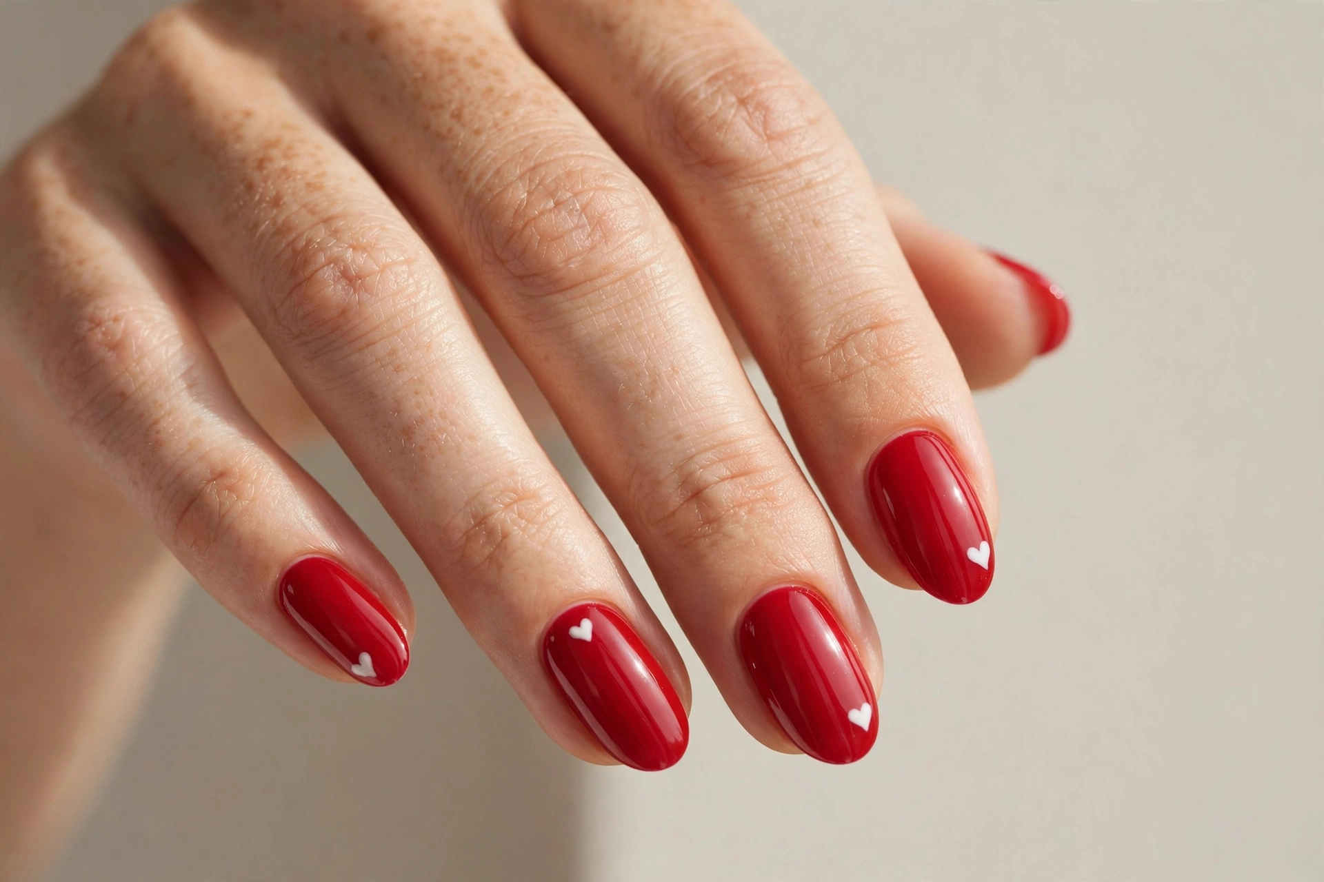Cherry red nails with tiny hand-painted heart accents