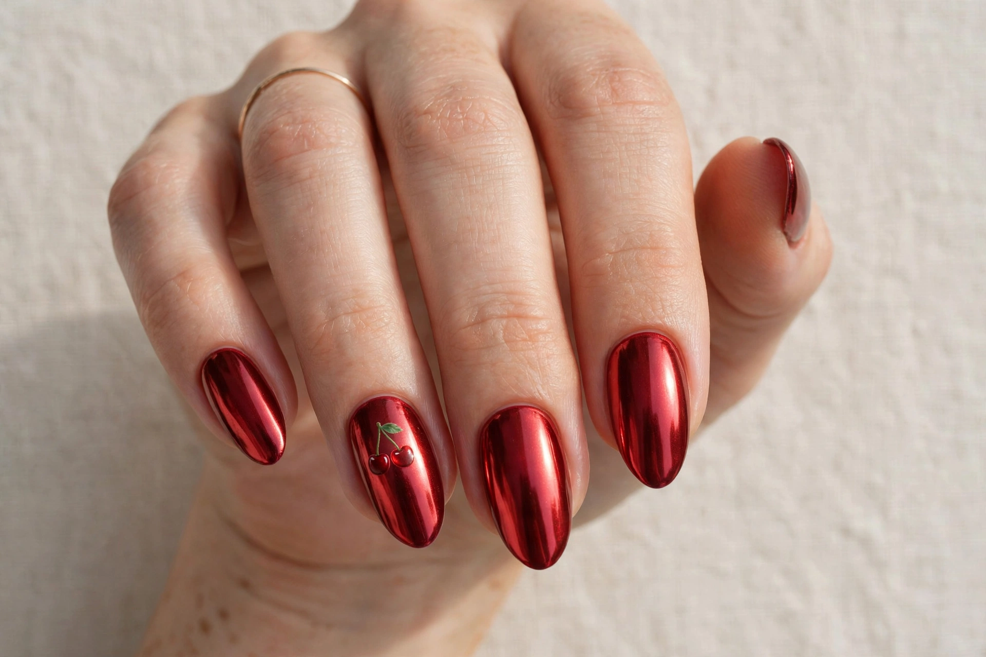 Metallic red chrome mirror cherry manicure