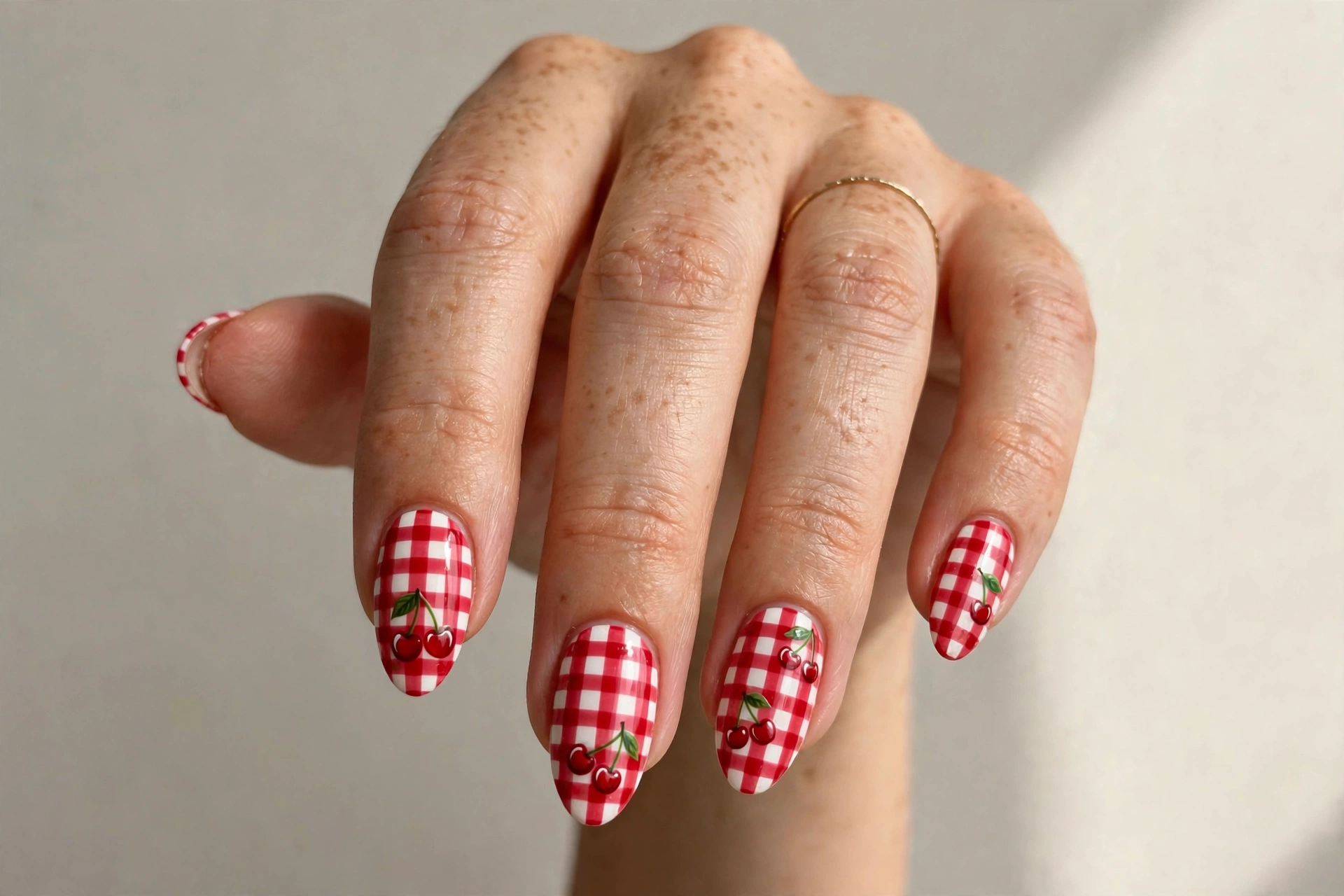 Red and white gingham check cherry picnic nail art
