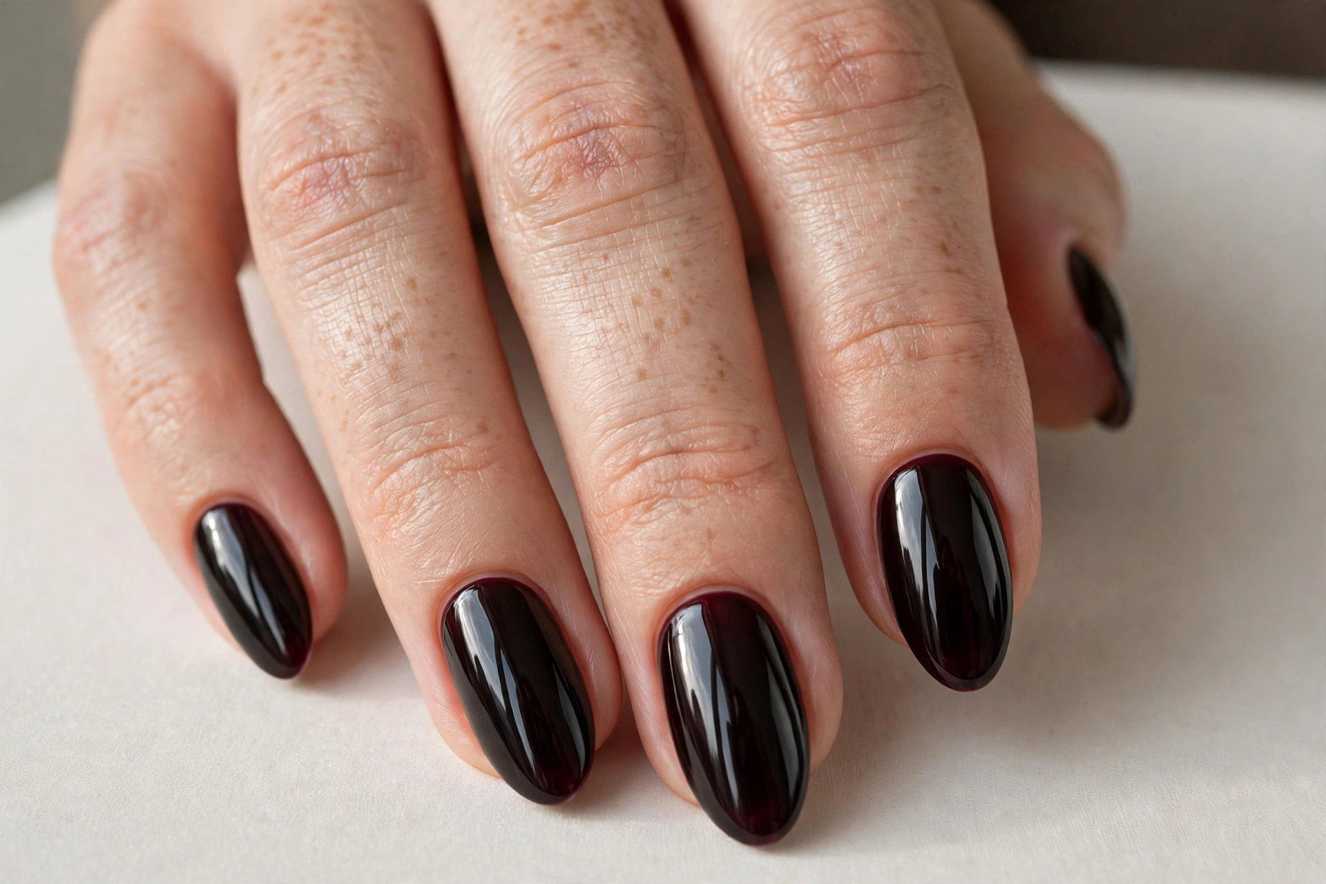 Near-black black cherry glossy manicure