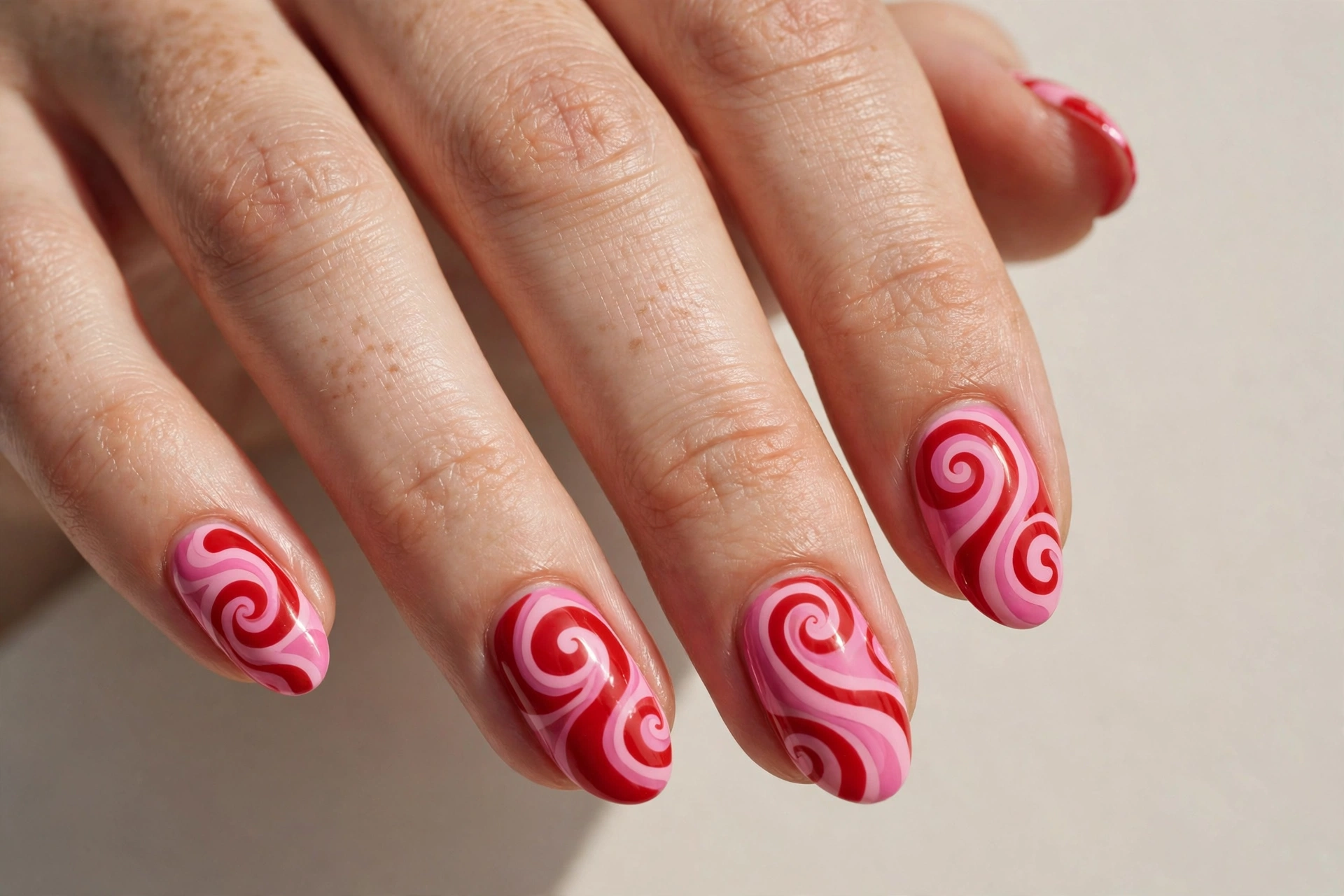Retro red and pink swirl nail art