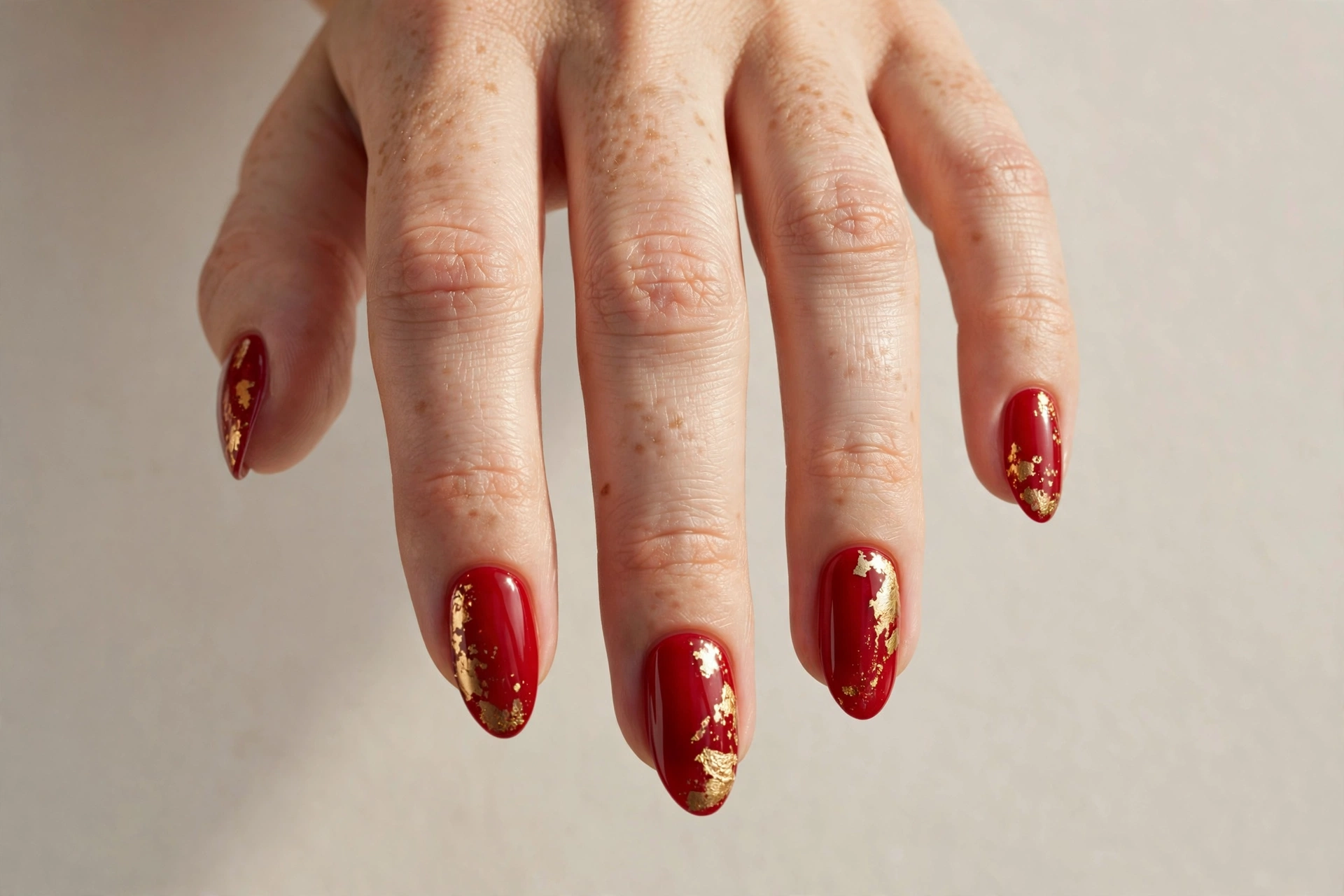 Cherry red manicure with gold foil accents