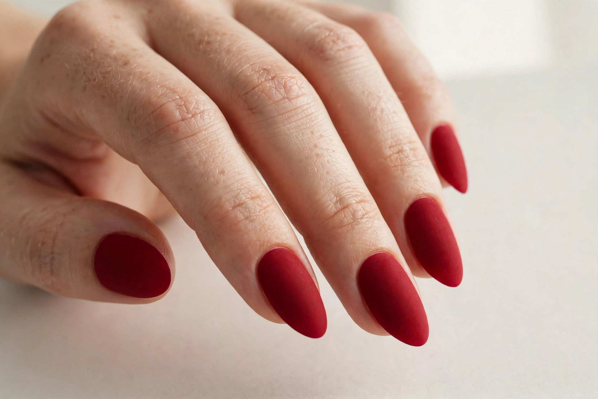 Velvety matte cherry red manicure