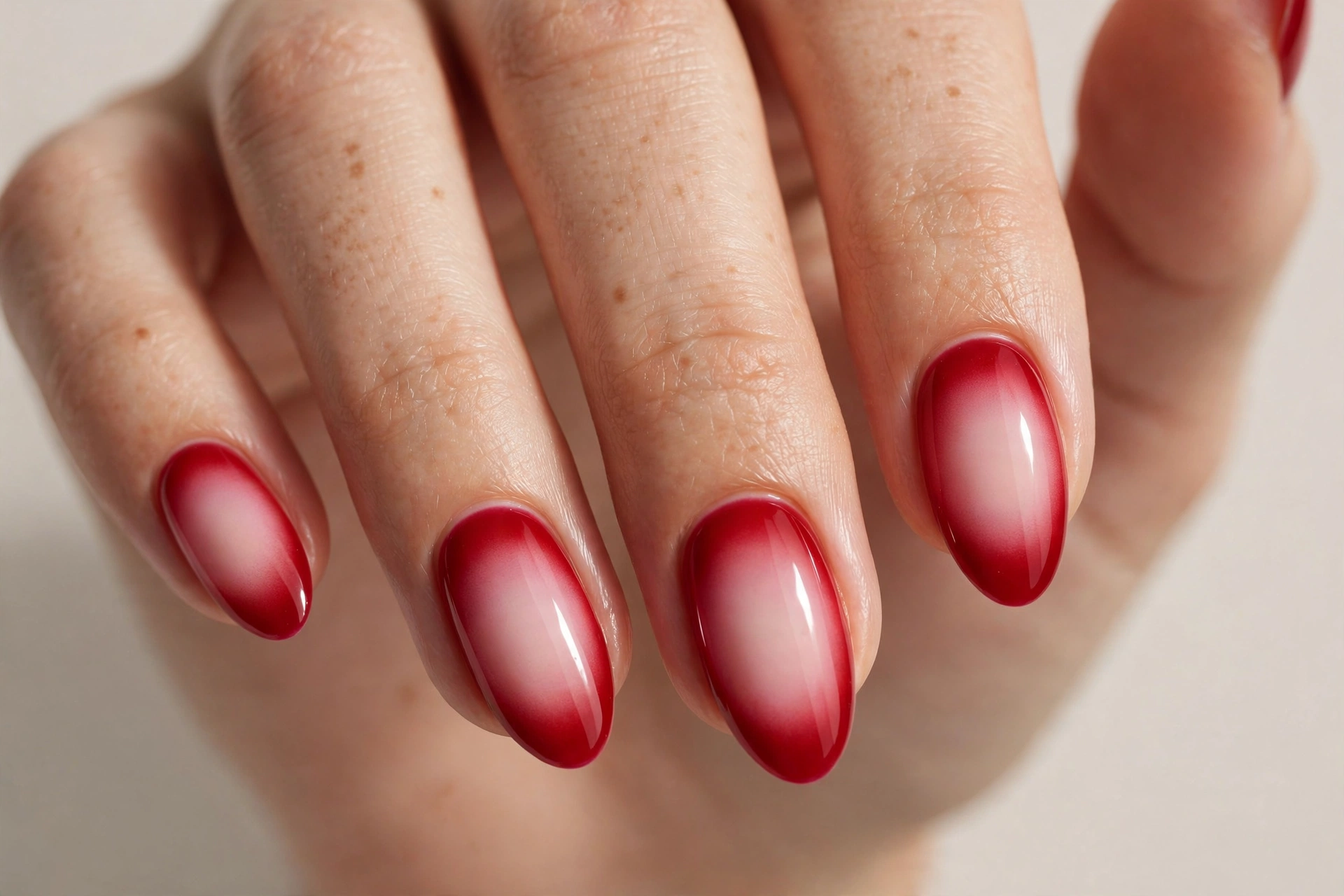 Cherry red aura nails with glowing blush gradient center