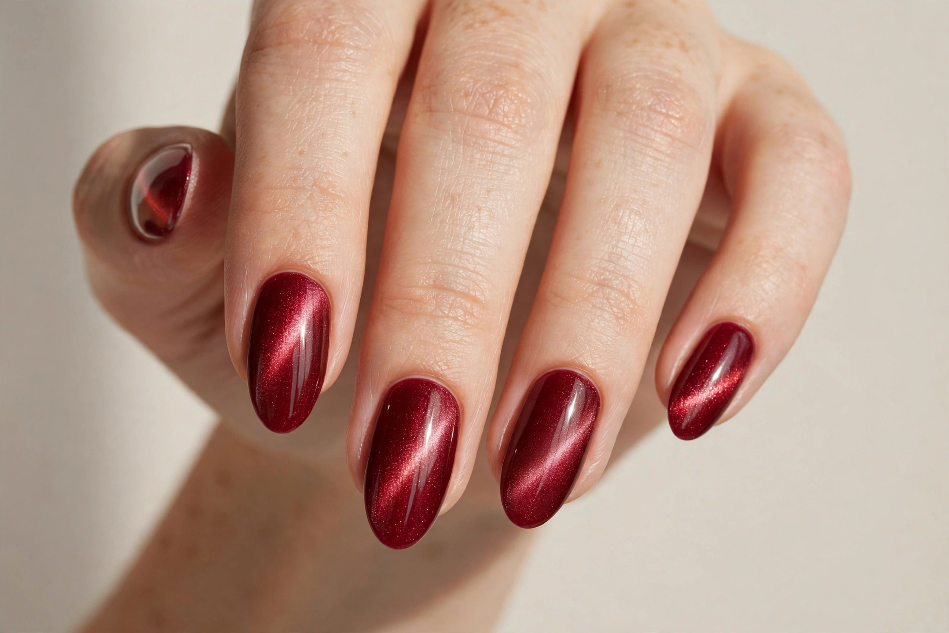 Cherry red magnetic cat eye shimmer manicure
