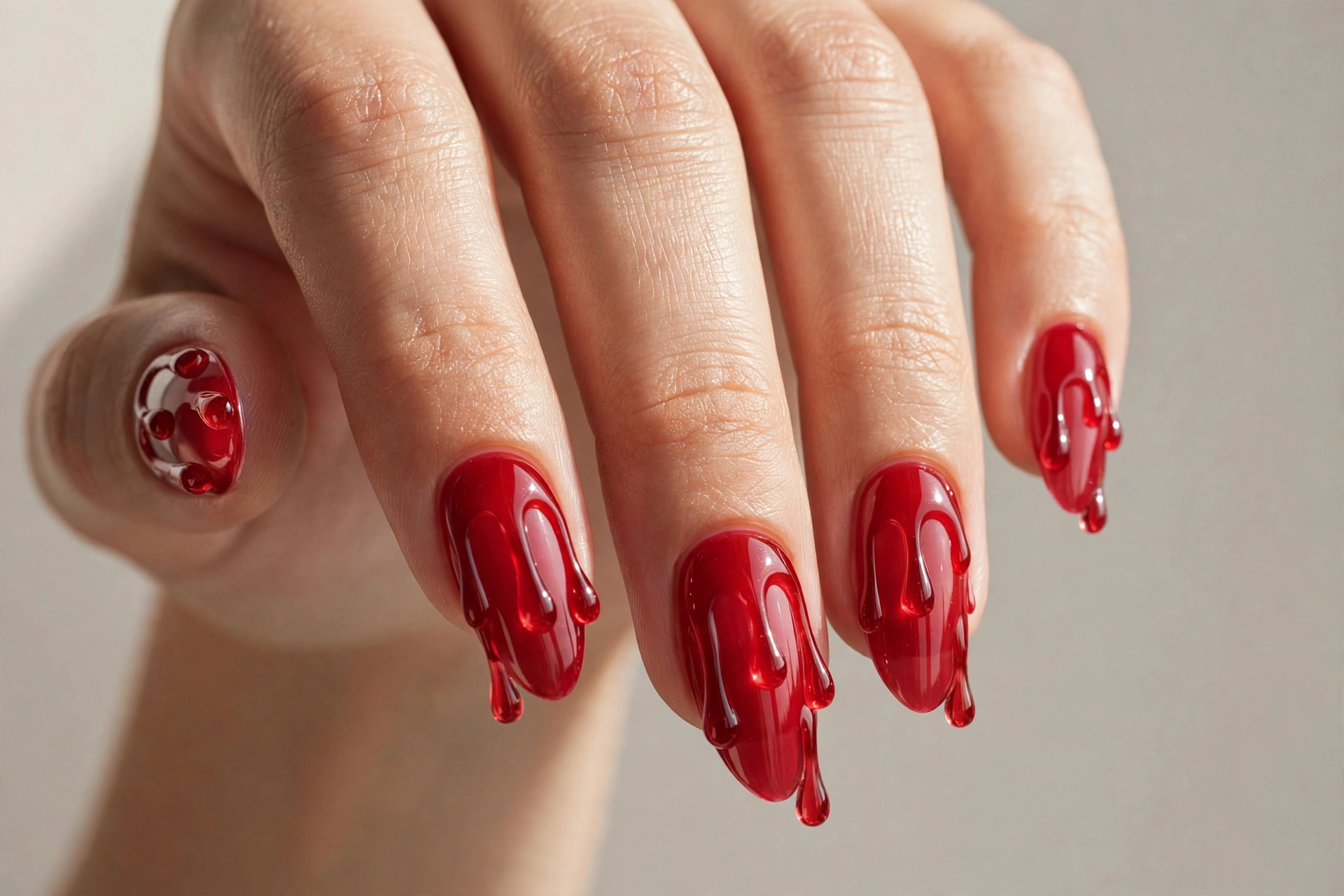 Cherry red drip jelly nail art