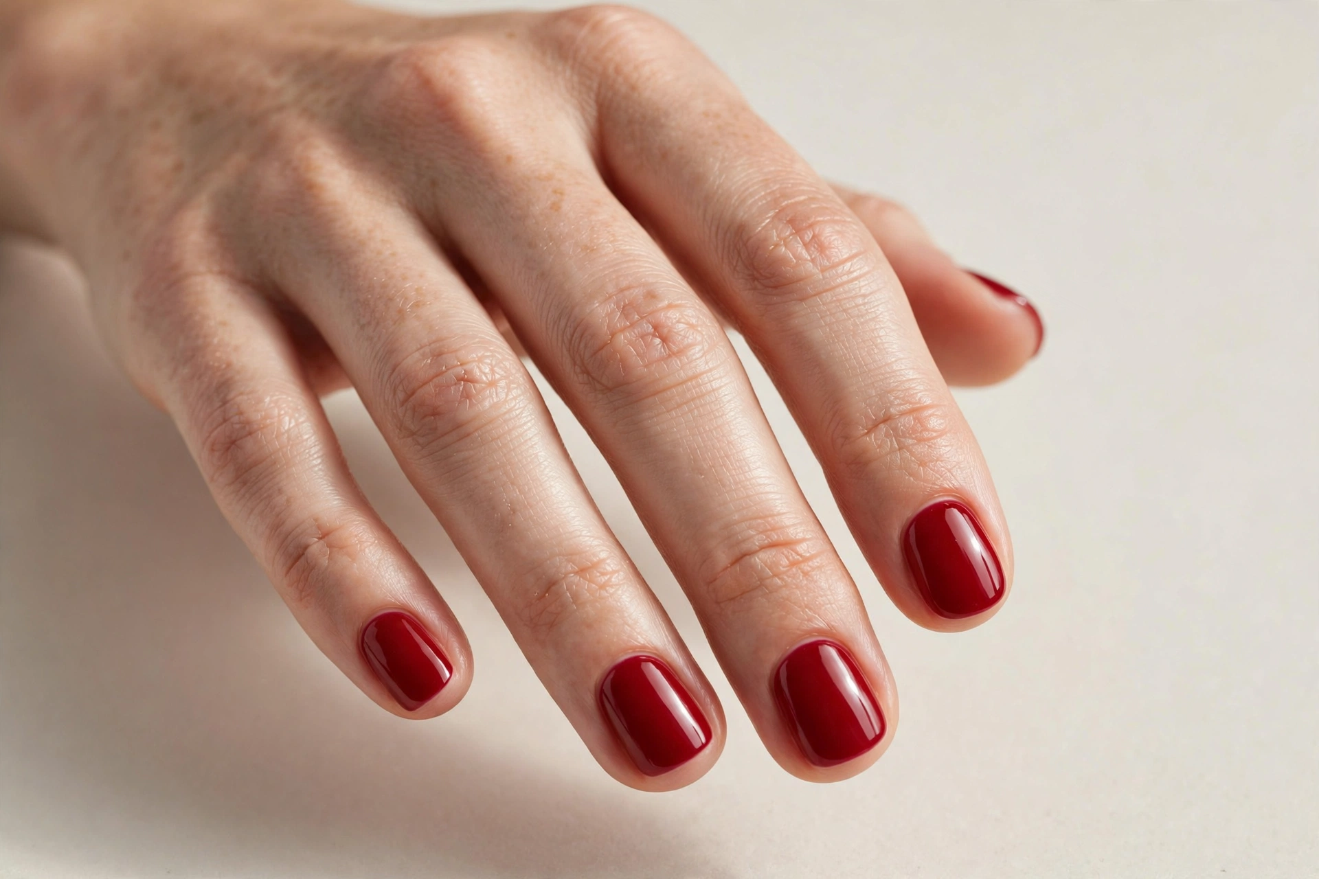 Short rounded cherry red glossy manicure