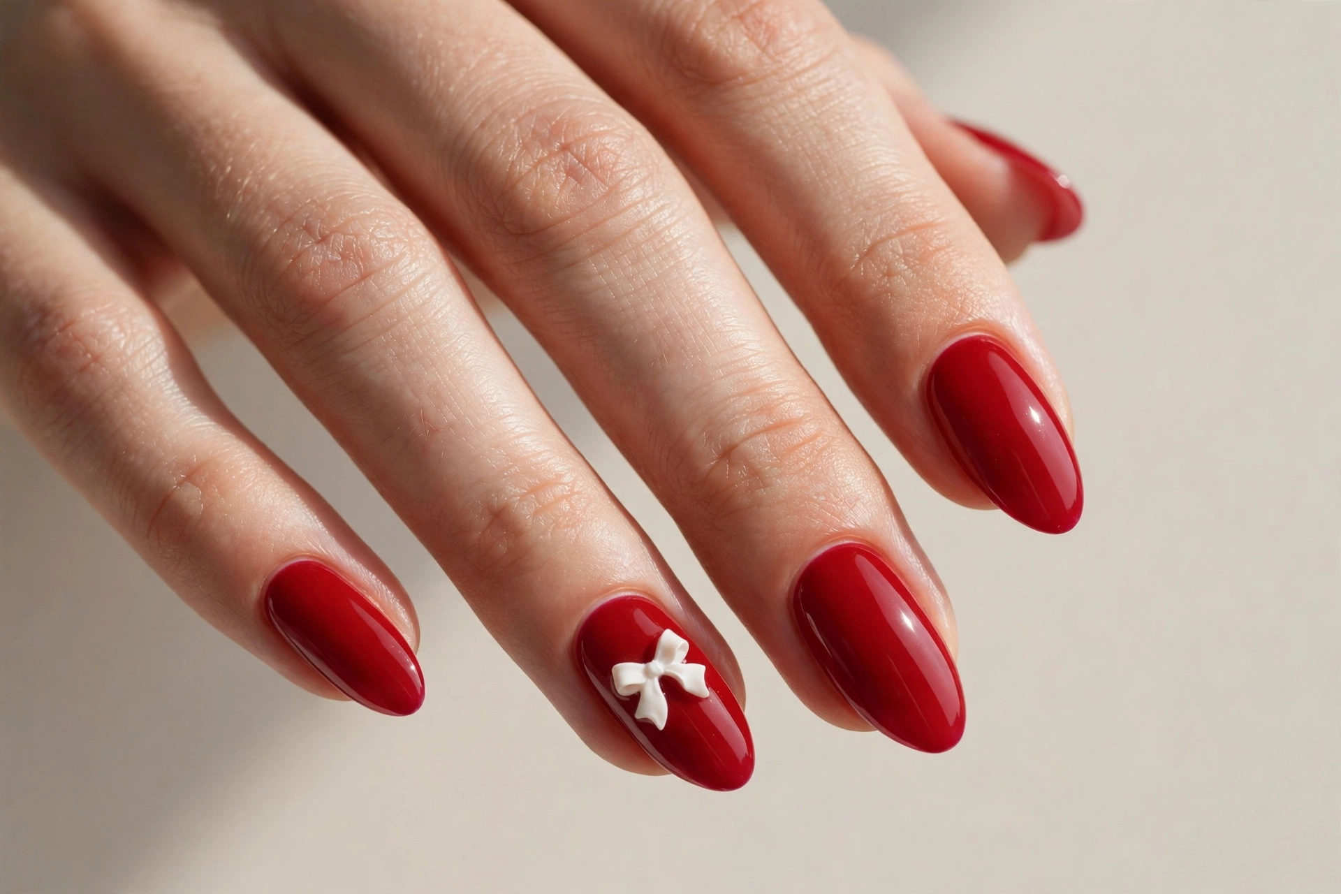Cherry red nails with tiny white bow nail art