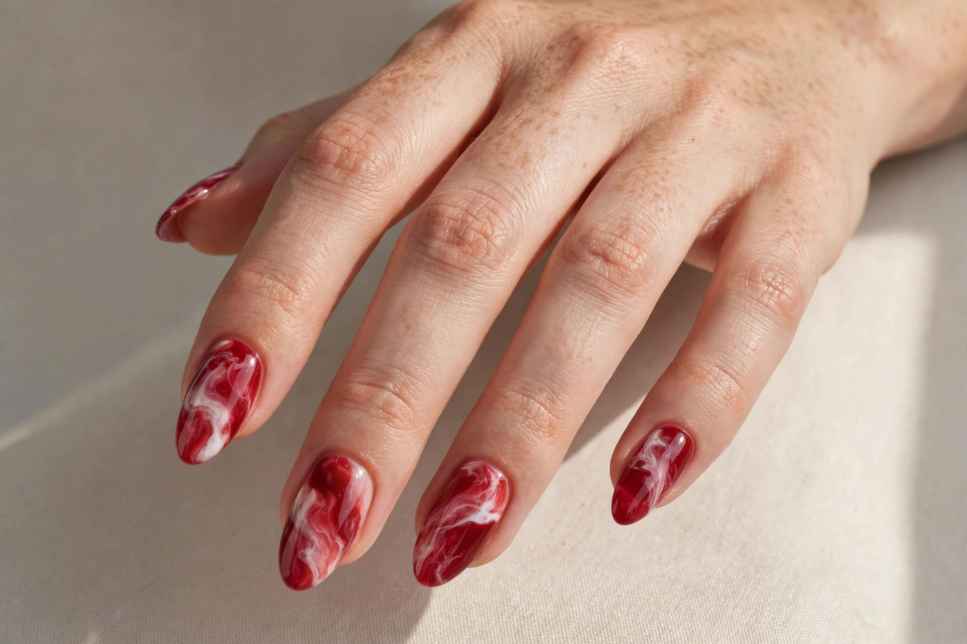 Cherry red and white marble swirl nail art