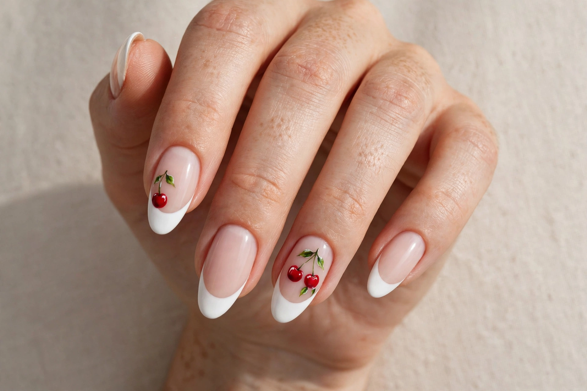 White French tips with hand-painted cherry art