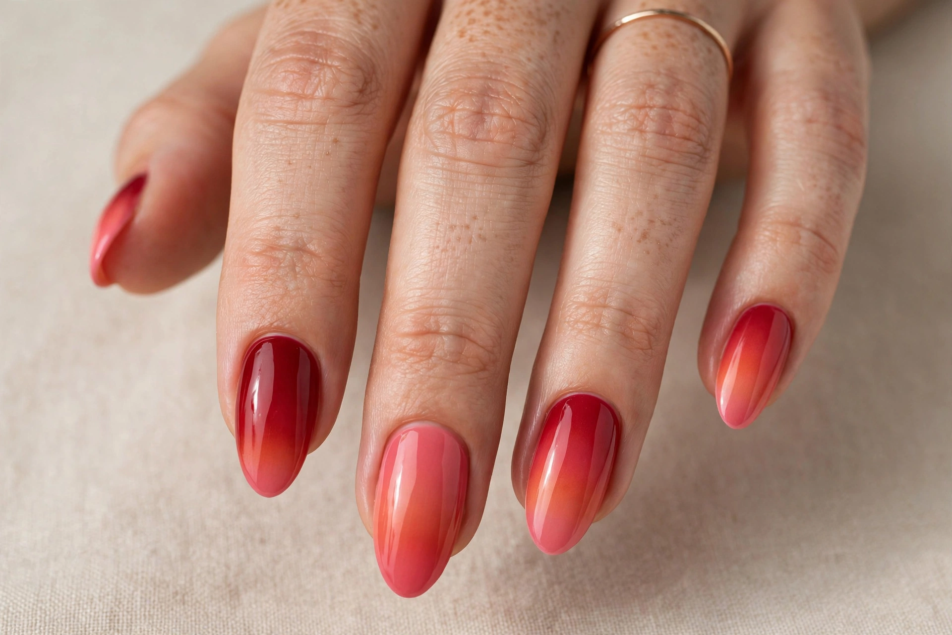 Cherry red to coral pink sunset gradient manicure