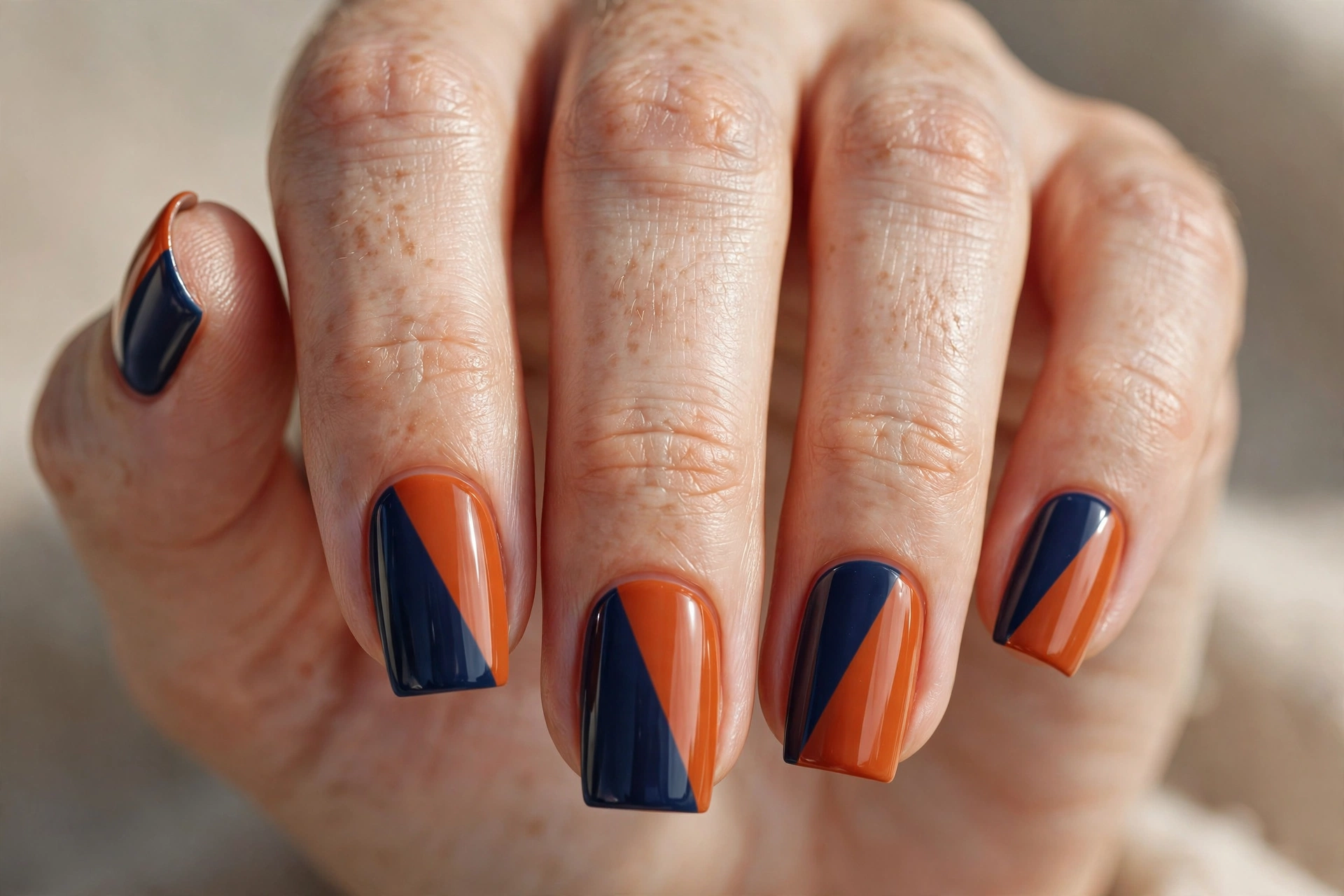 Square shaped nails with navy blue and burnt orange color-block manicure
