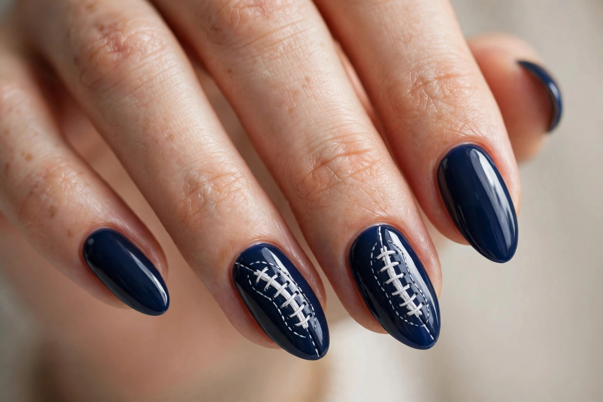 Almond shaped nails with navy base and white football lace nail art