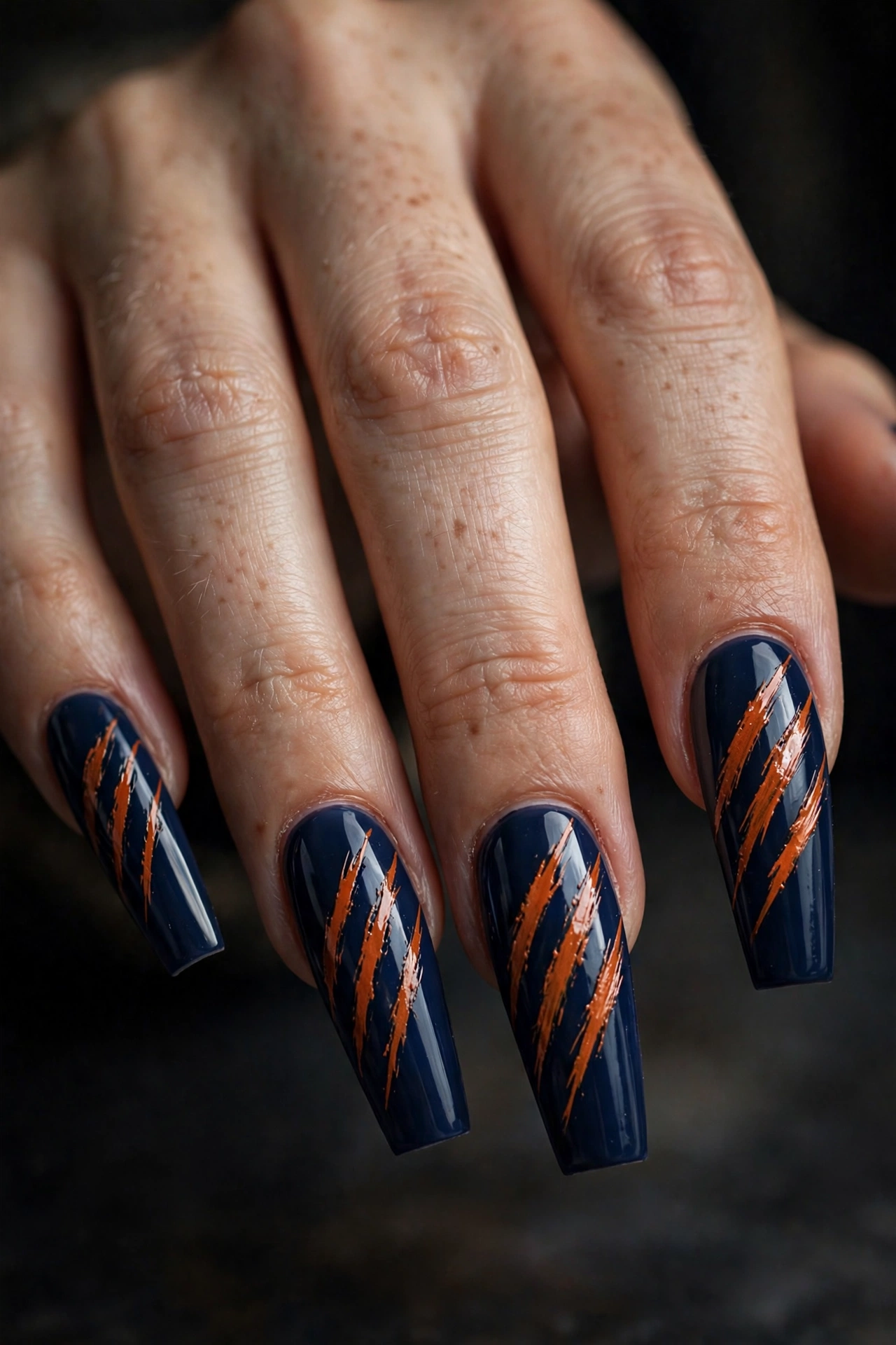 Coffin shaped nails with navy base and burnt orange claw slash marks