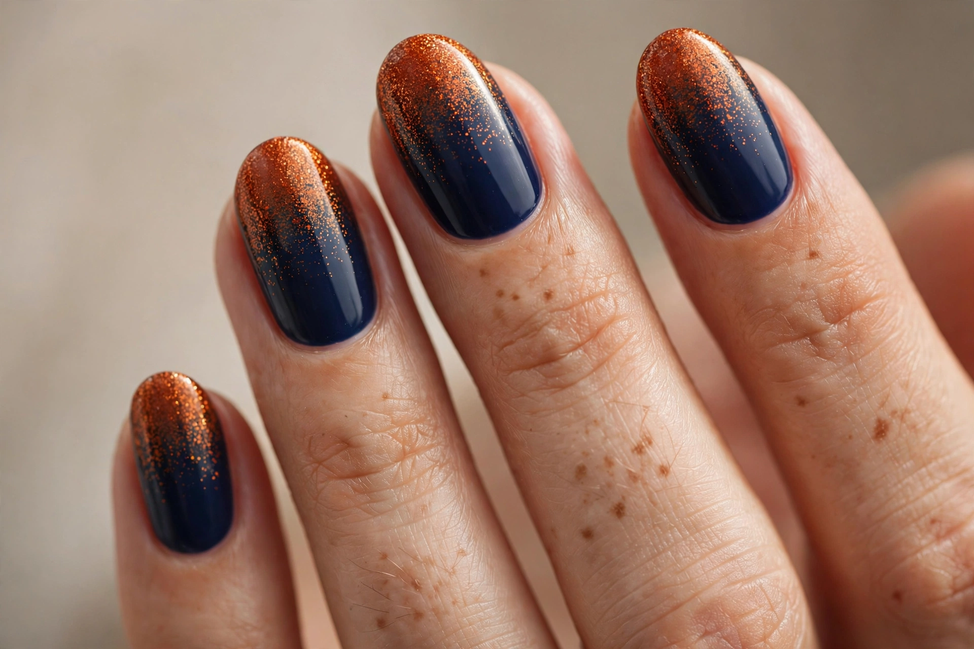 Oval shaped nails with burnt orange glitter fading into navy
