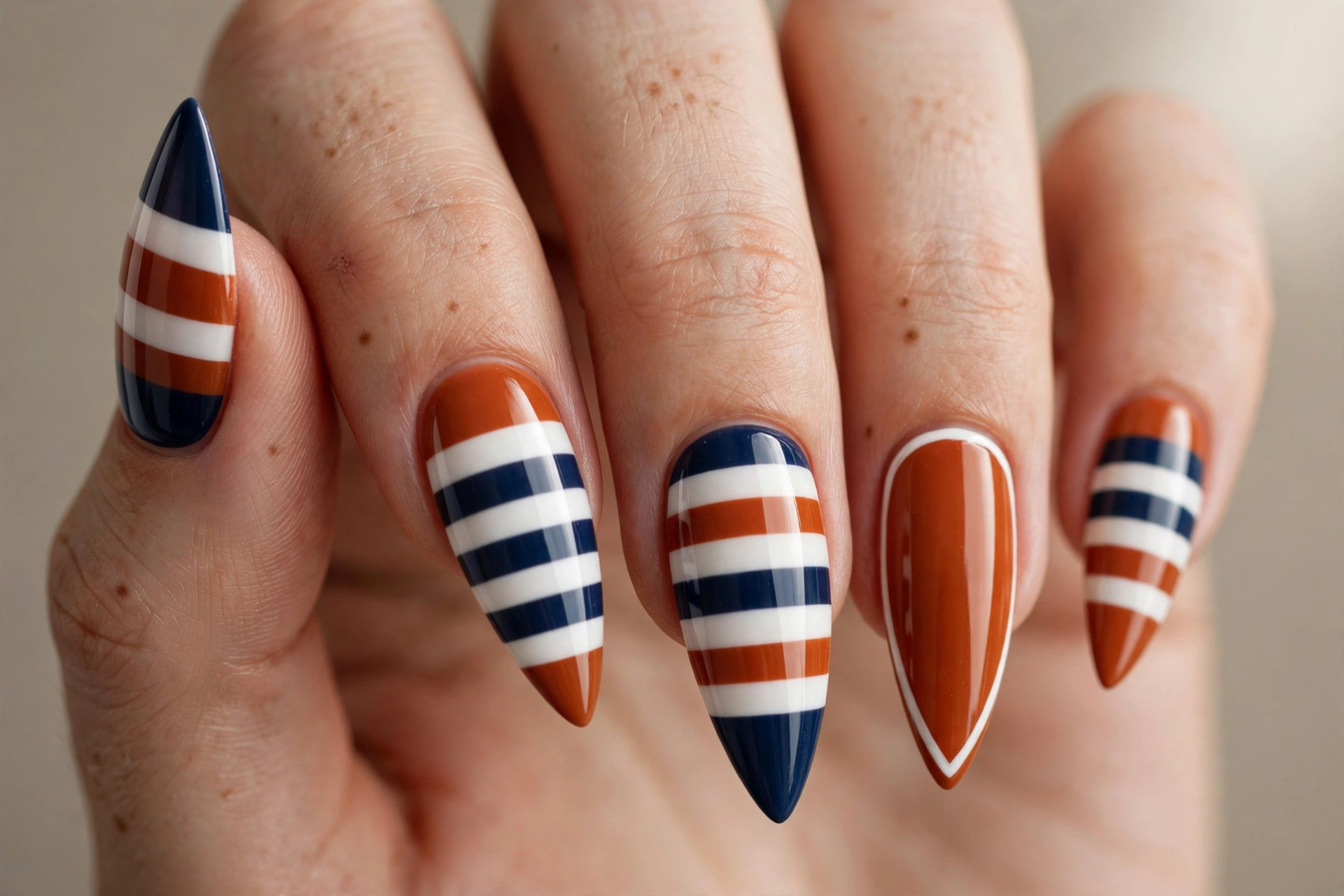 Stiletto shaped nails with navy and orange jersey stripe nail art