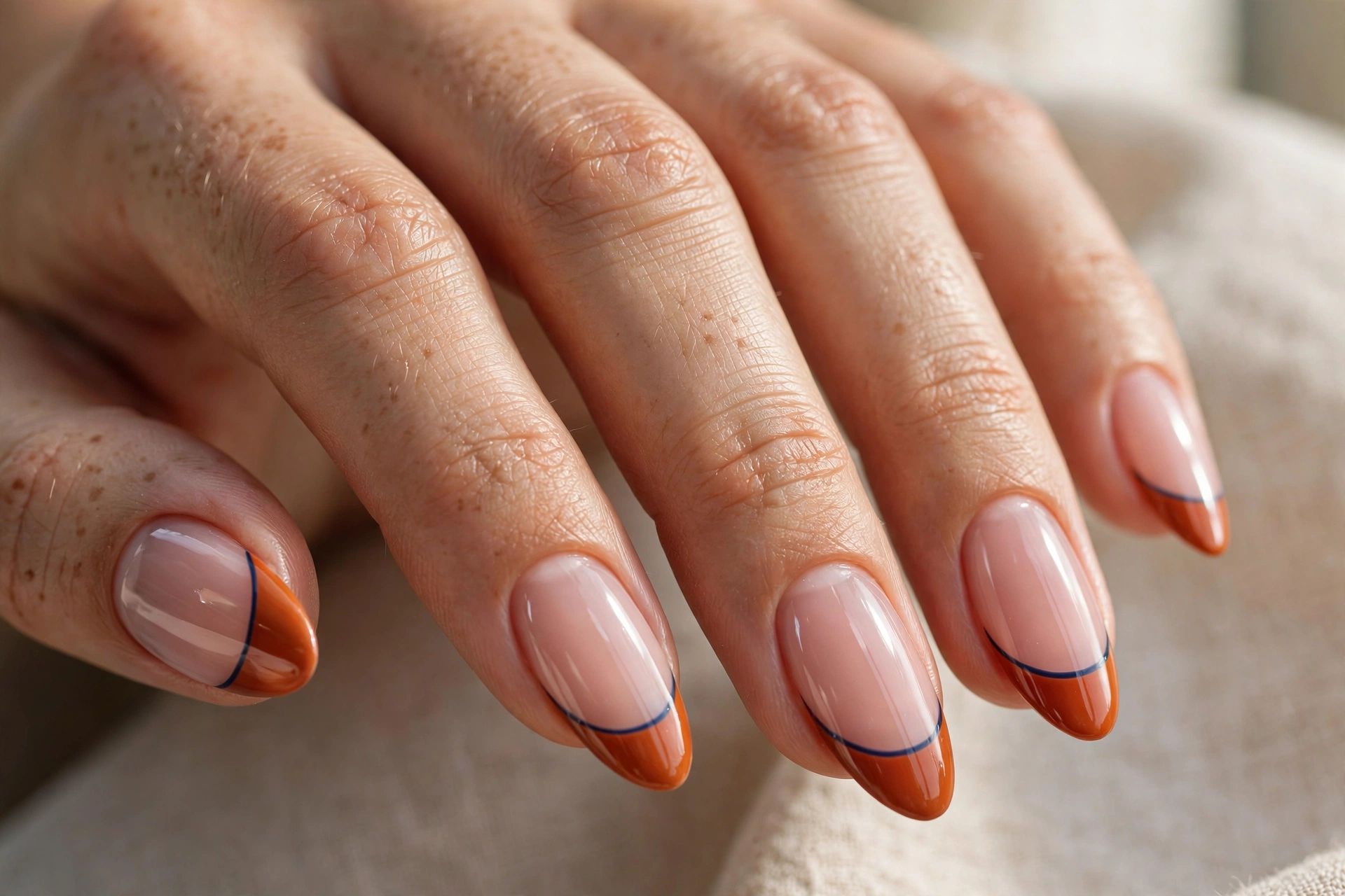 Almond shaped nails with sheer nude base and burnt orange french tips