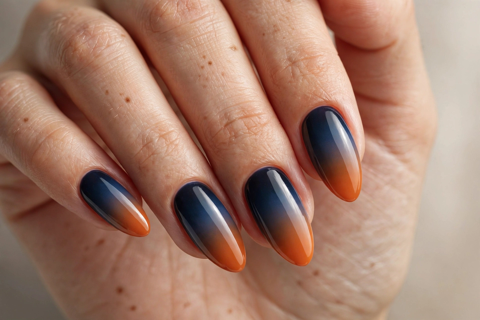 Almond shaped nails with navy to burnt orange ombre gradient