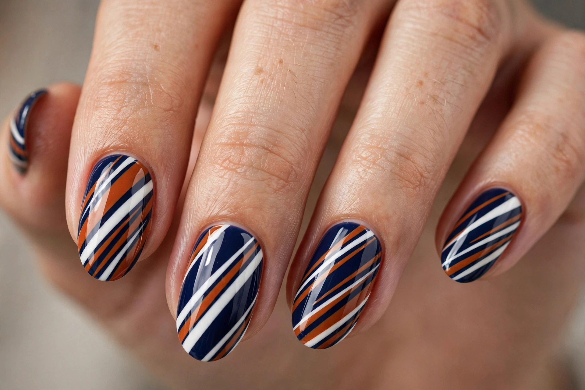 Oval shaped nails with navy base and diagonal orange and white stripes