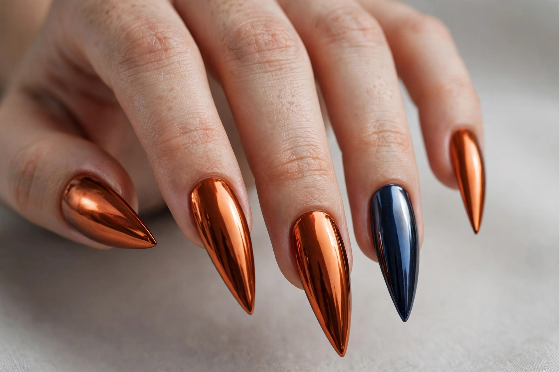 Stiletto shaped nails with burnt orange mirror chrome finish