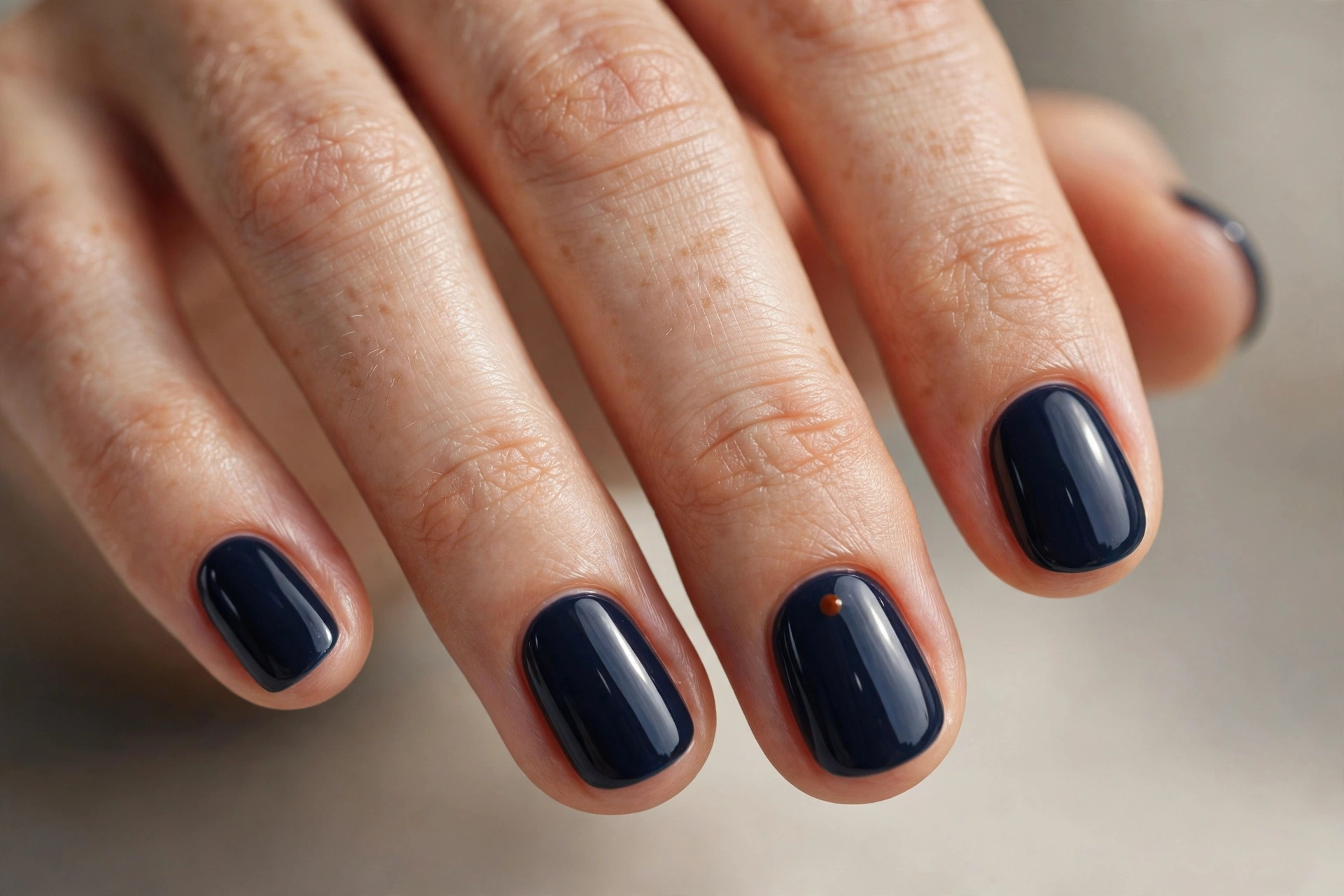 Short round nails with glossy midnight navy manicure