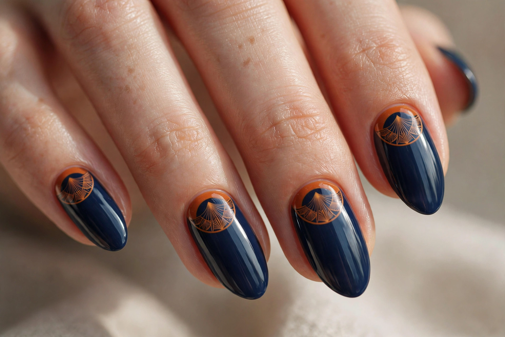 Almond shaped nails with navy base and burnt orange half moon detail