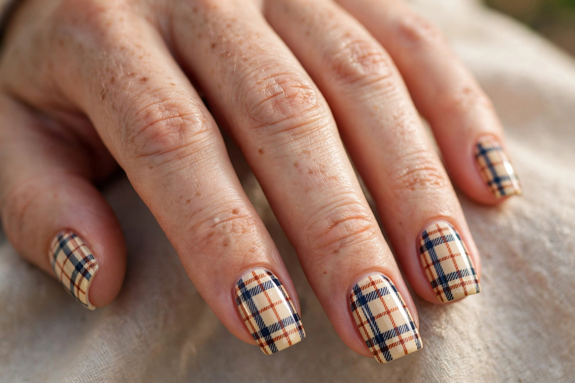 Square shaped nails with navy and orange plaid check pattern