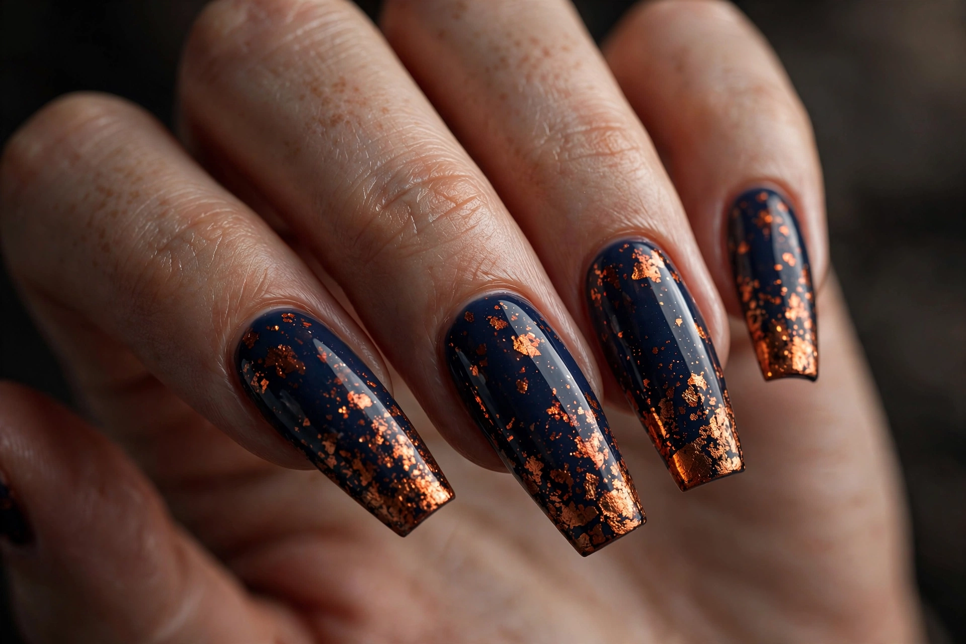 Coffin shaped nails with navy base and copper orange foil flecks