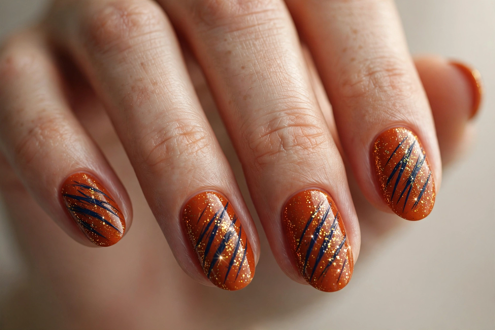 Oval shaped nails with orange base and navy claw slashes with glitter
