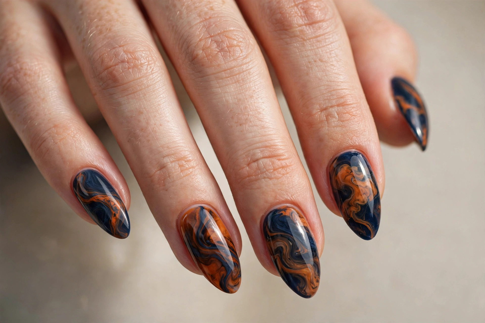 Almond shaped nails with navy and orange marble swirl nail art