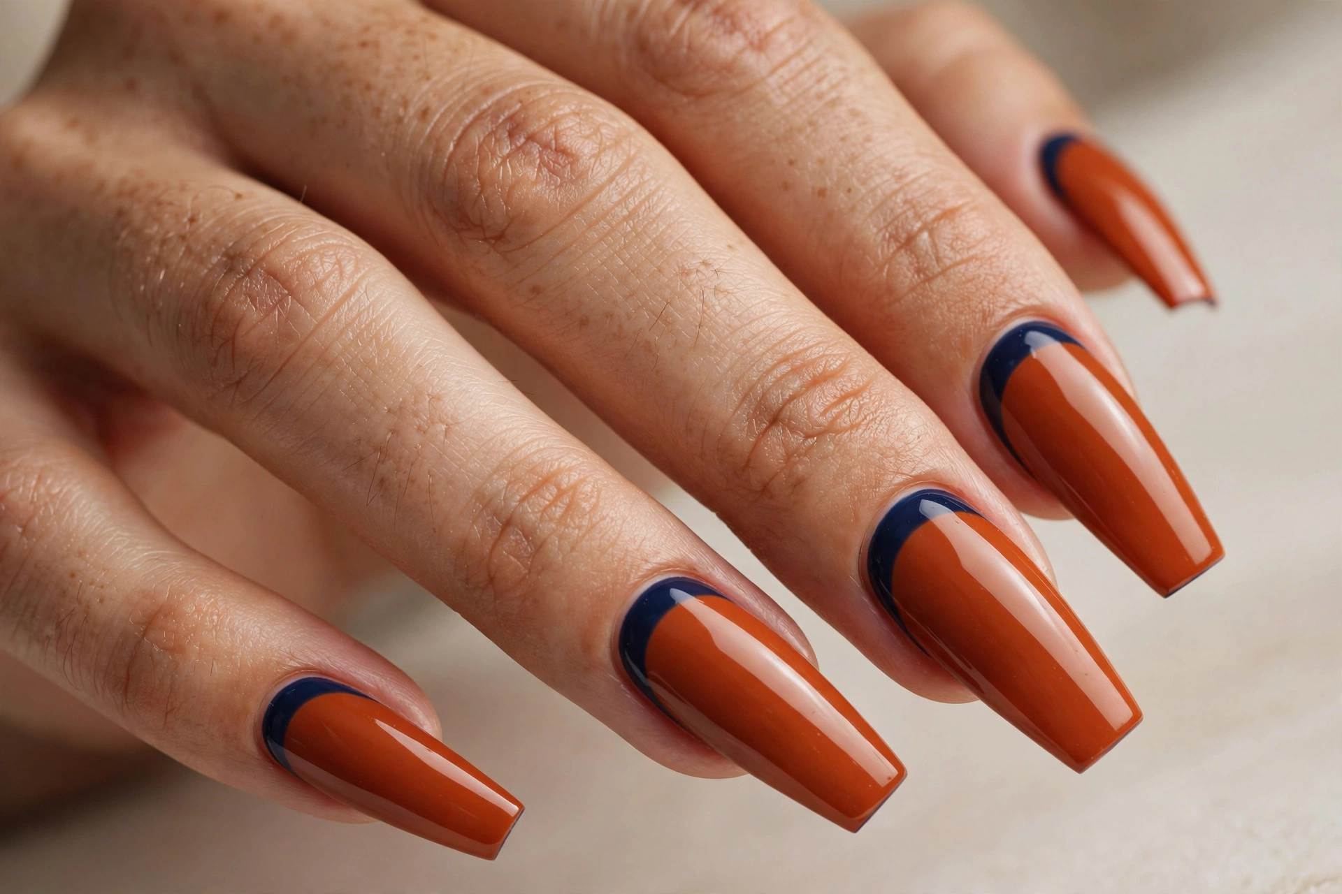 Coffin shaped nails with orange base and navy reverse french line