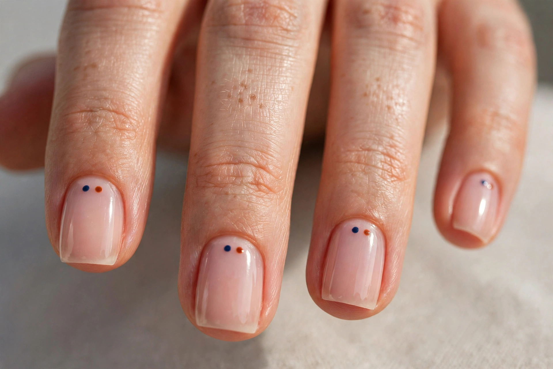 Short square nails with nude base and navy and orange dot accents