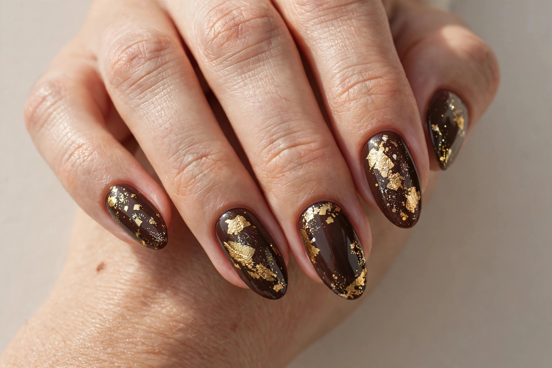 Chocolate brown nails with gold leaf glitter