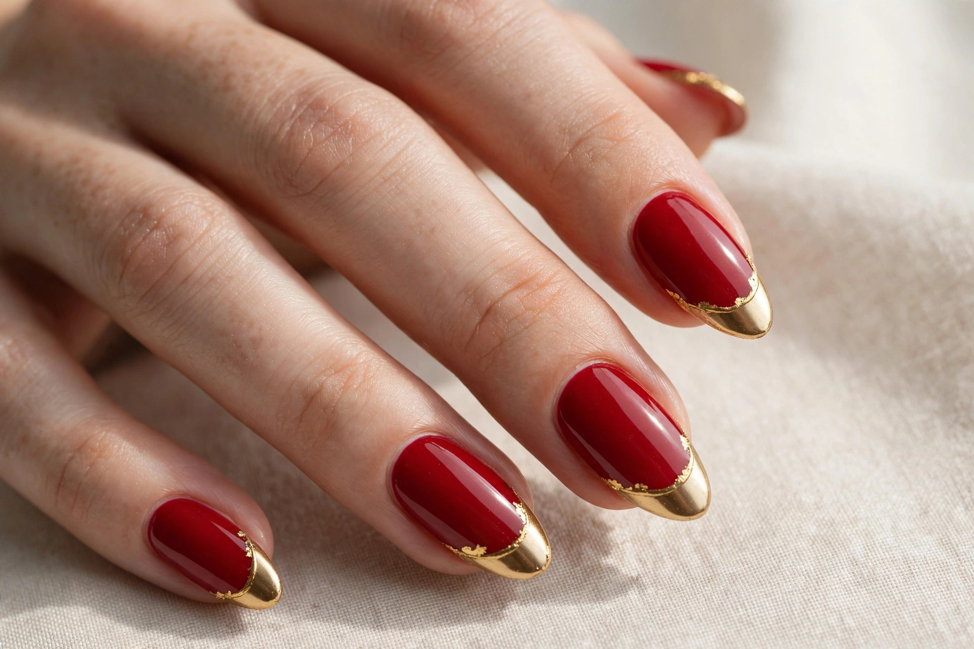 Red and gold French tip press-on nail design for Christmas