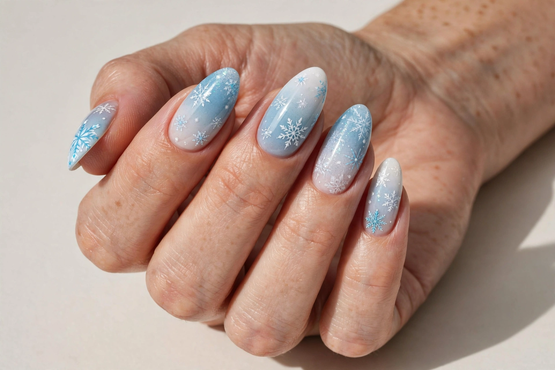 Snowflake white and icy blue ombre press-on nails for Christmas