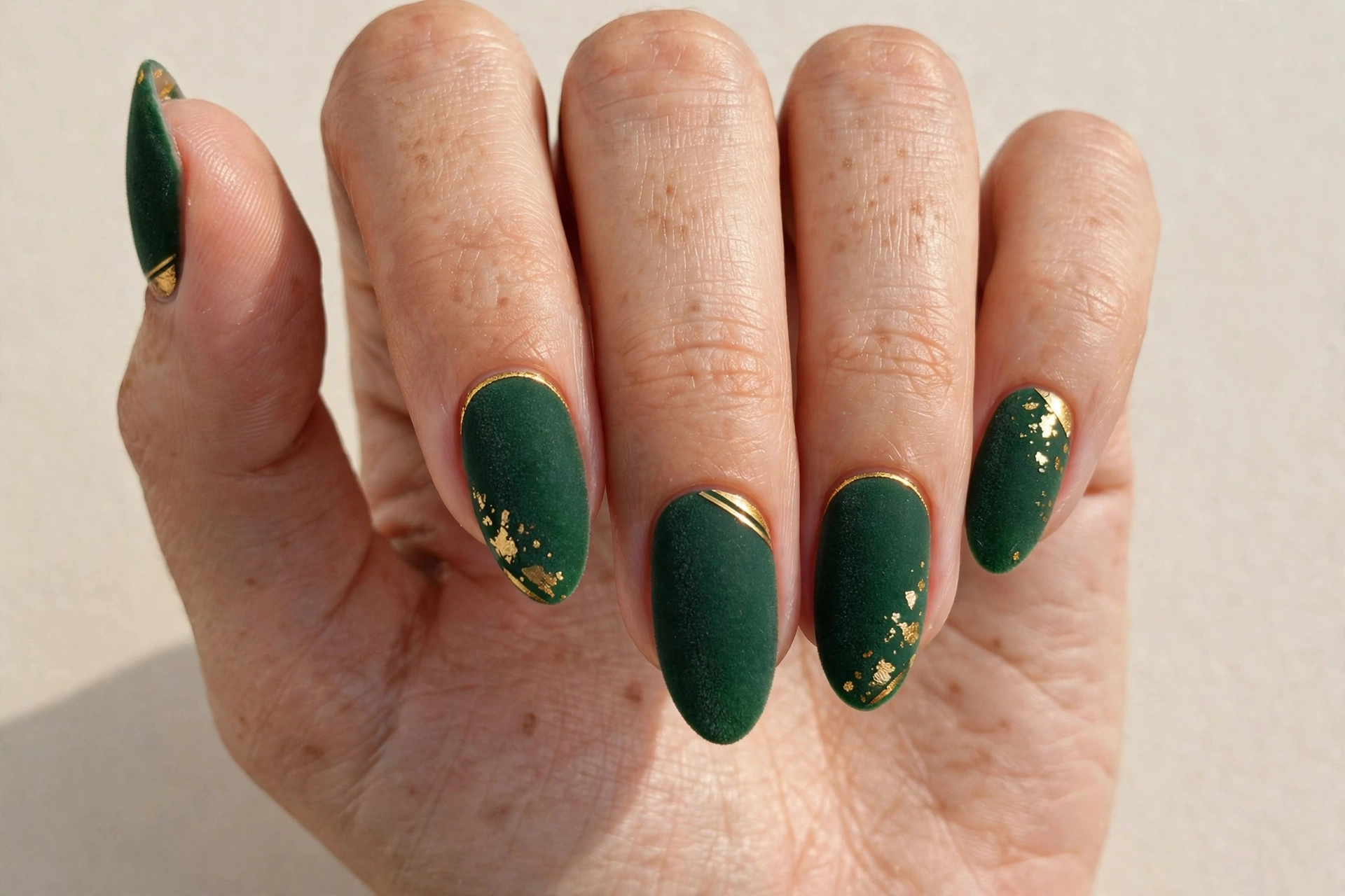 Green velvet matte press-on nails with gold accents for Christmas