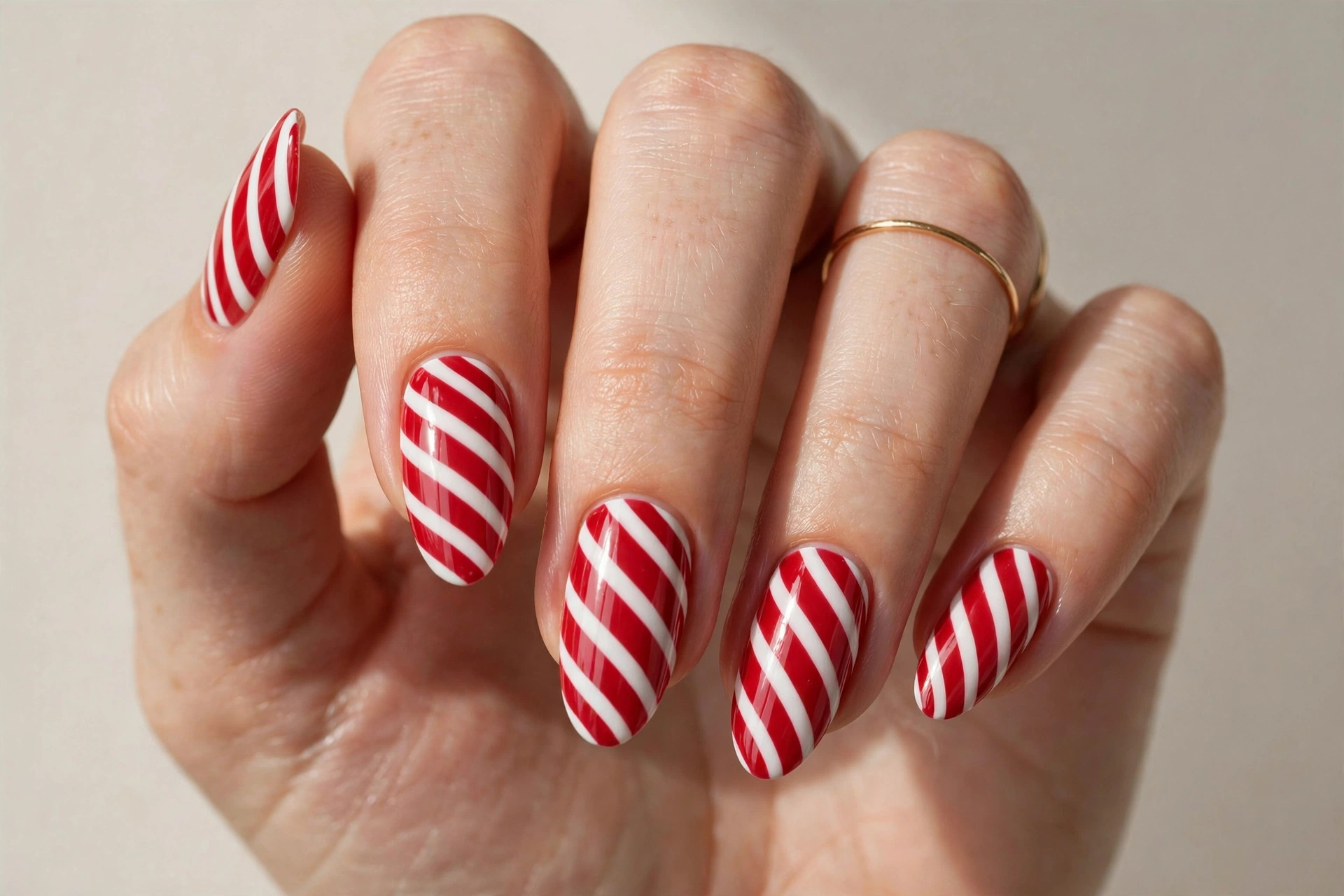 Candy cane striped red and white press-on nails for Christmas