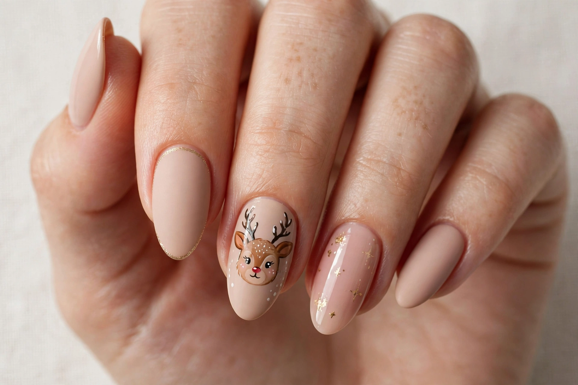 Reindeer face accent nail art press-on nails for Christmas