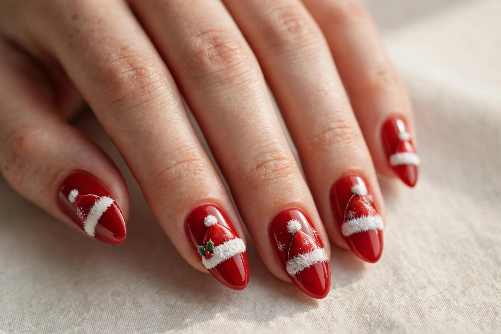 Santa hat nail art on red press-on nails for Christmas
