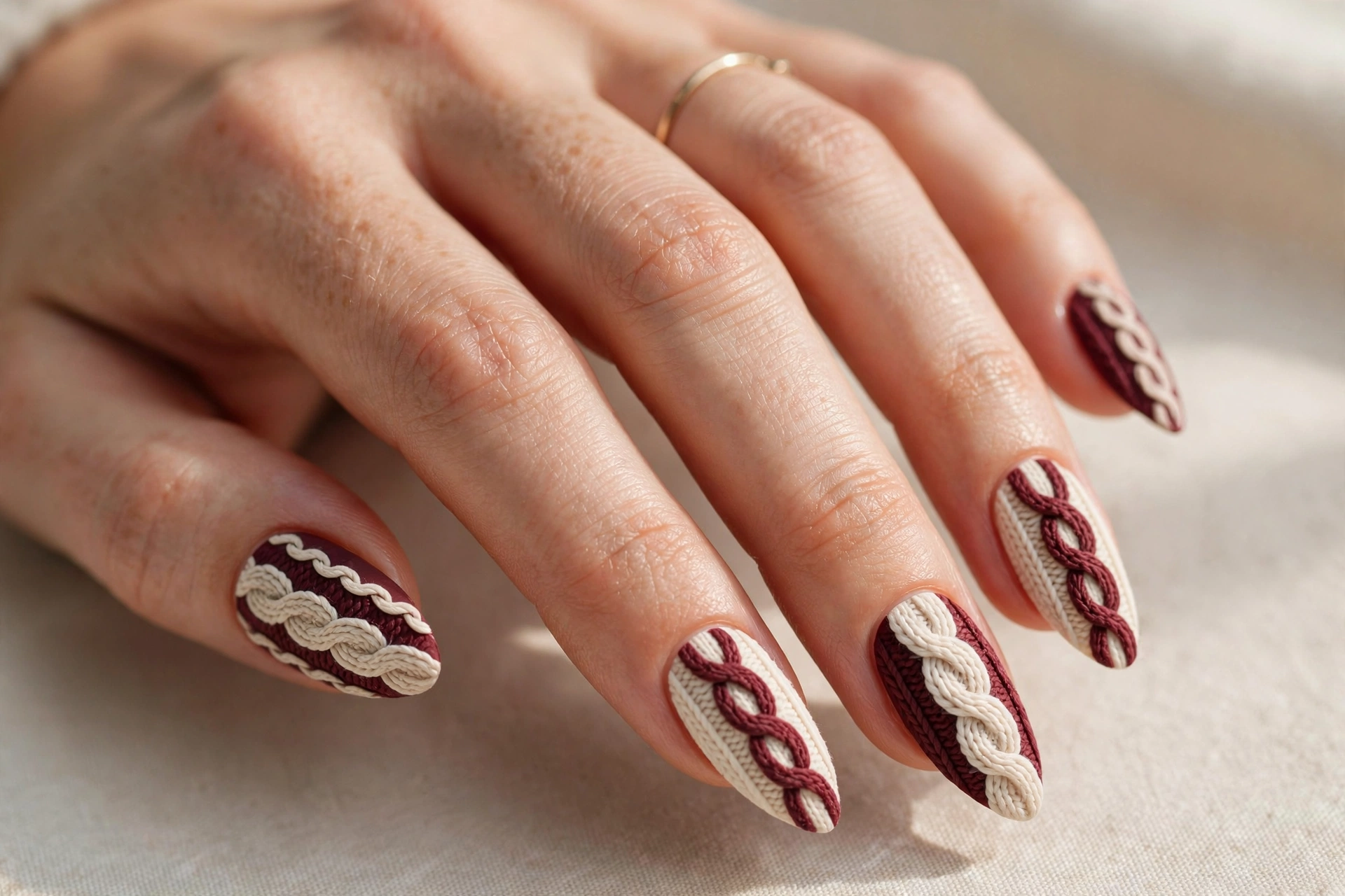 Burgundy and cream cable knit sweater texture press-on nails for Christmas