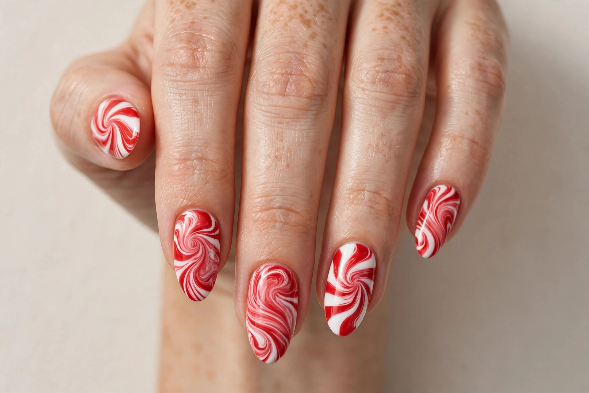 Peppermint red and white swirl marbled press-on nails for Christmas