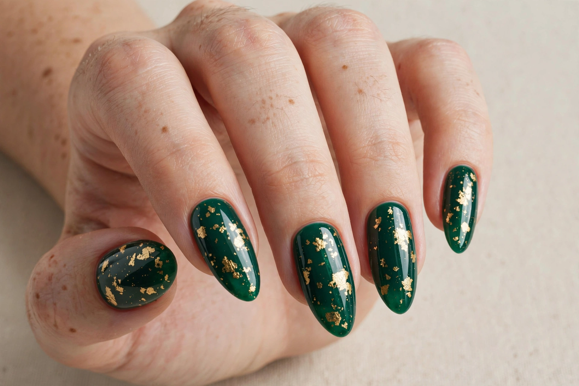 Emerald green press-on nails with gold foil flakes for Christmas