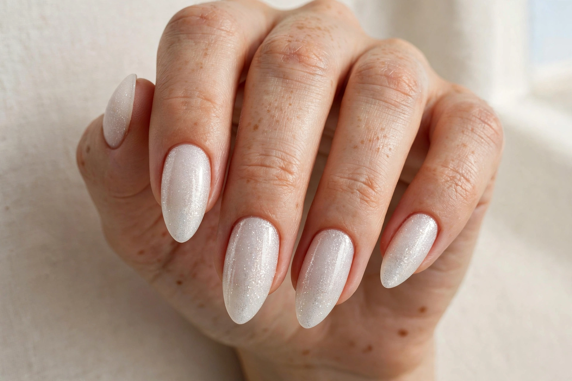 Frosty white shimmer press-on nails for Christmas