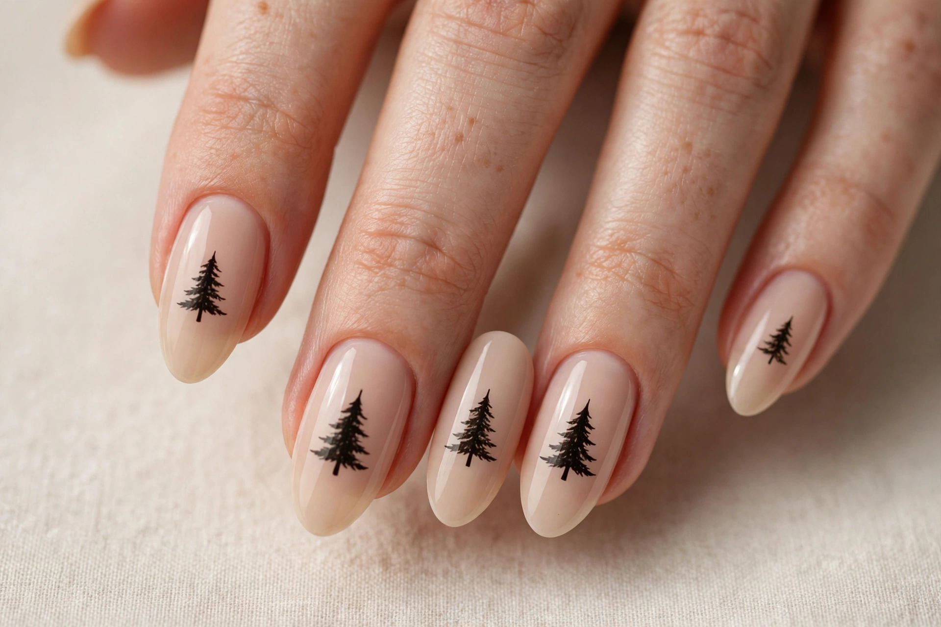 Christmas tree silhouette nail art on nude press-on nails