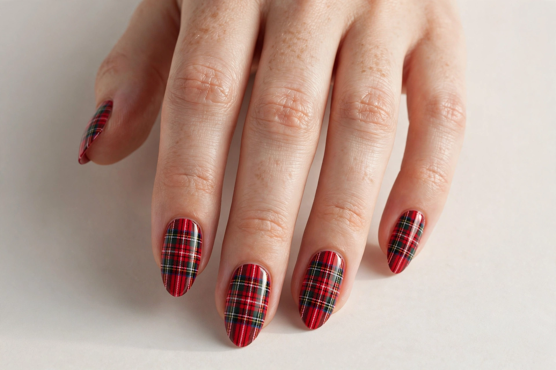 Red tartan plaid pattern press-on nails for Christmas
